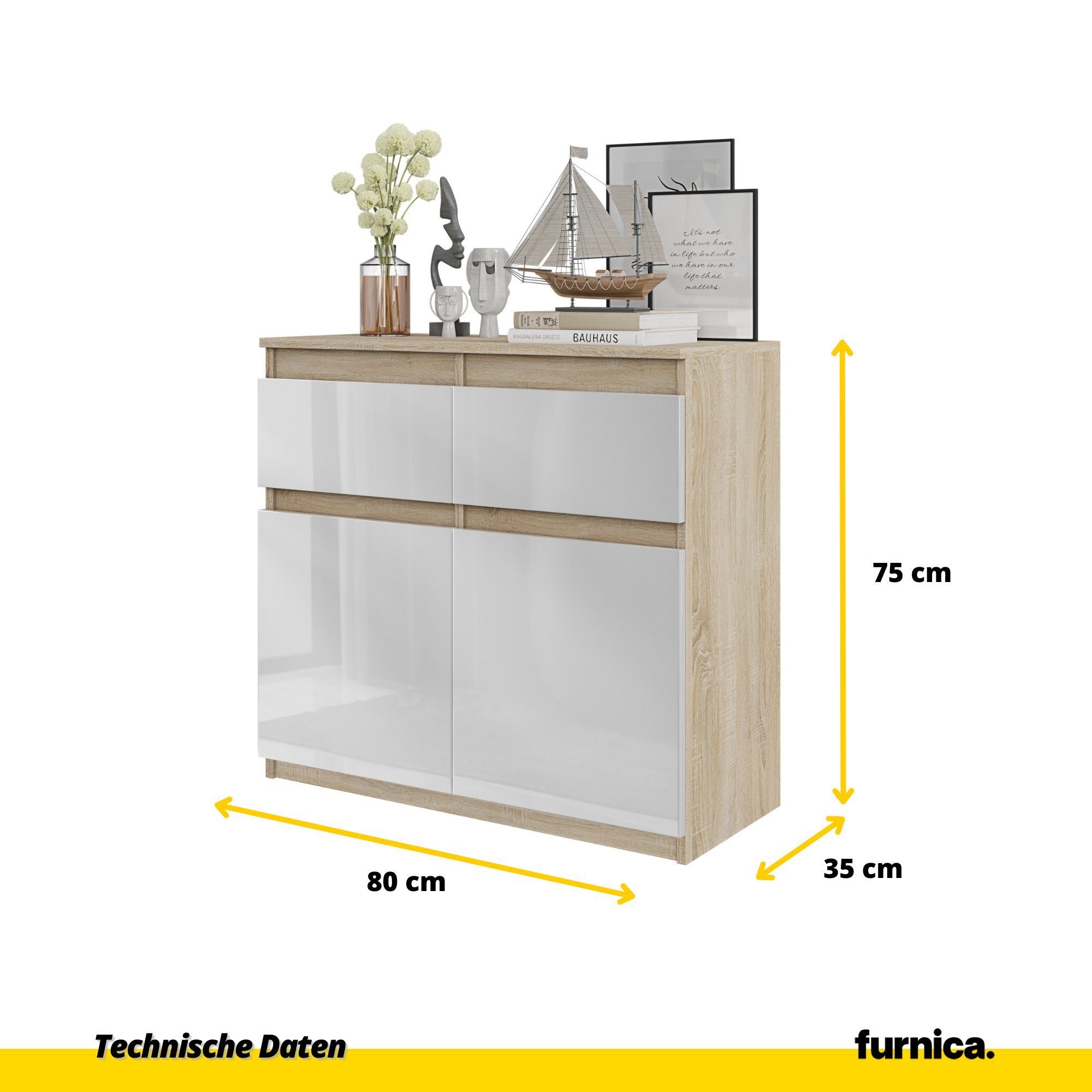 Schubladen Furnica Eiche Eiche/Weiß 2 Türen 2 und Sonoma Sonoma T35cm B80cm H75cm NOAH Gloss - (1 St) Kommode