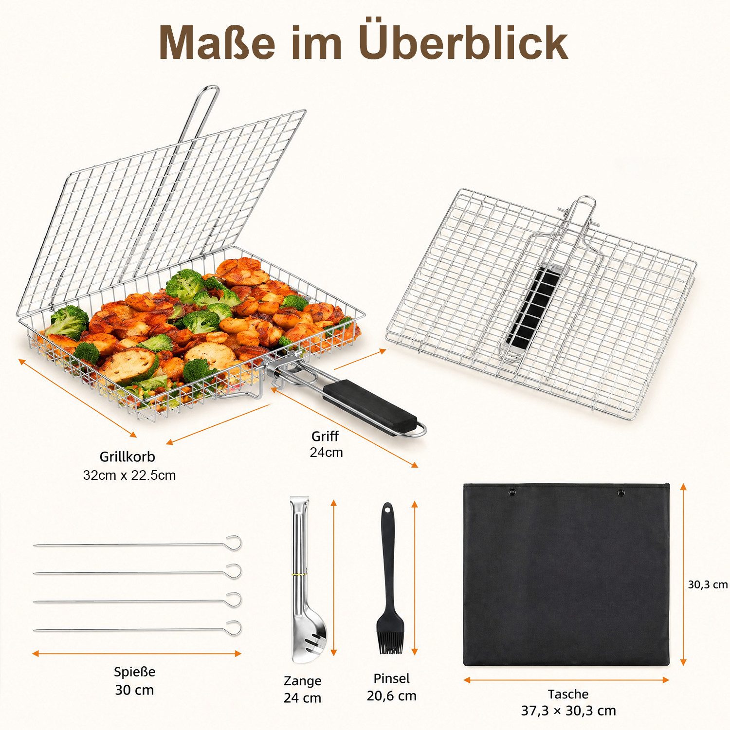HEYHIPPO Grillrosteinsatz Grillkorb Edelstahl 32×22,5cm, mit 4 Spießen, Bürste, Zange & Tasche, (5-St., Grillkorb Set – mit Zubehör, vielseitig für Fisch, Steak – Bild 2 von 5
