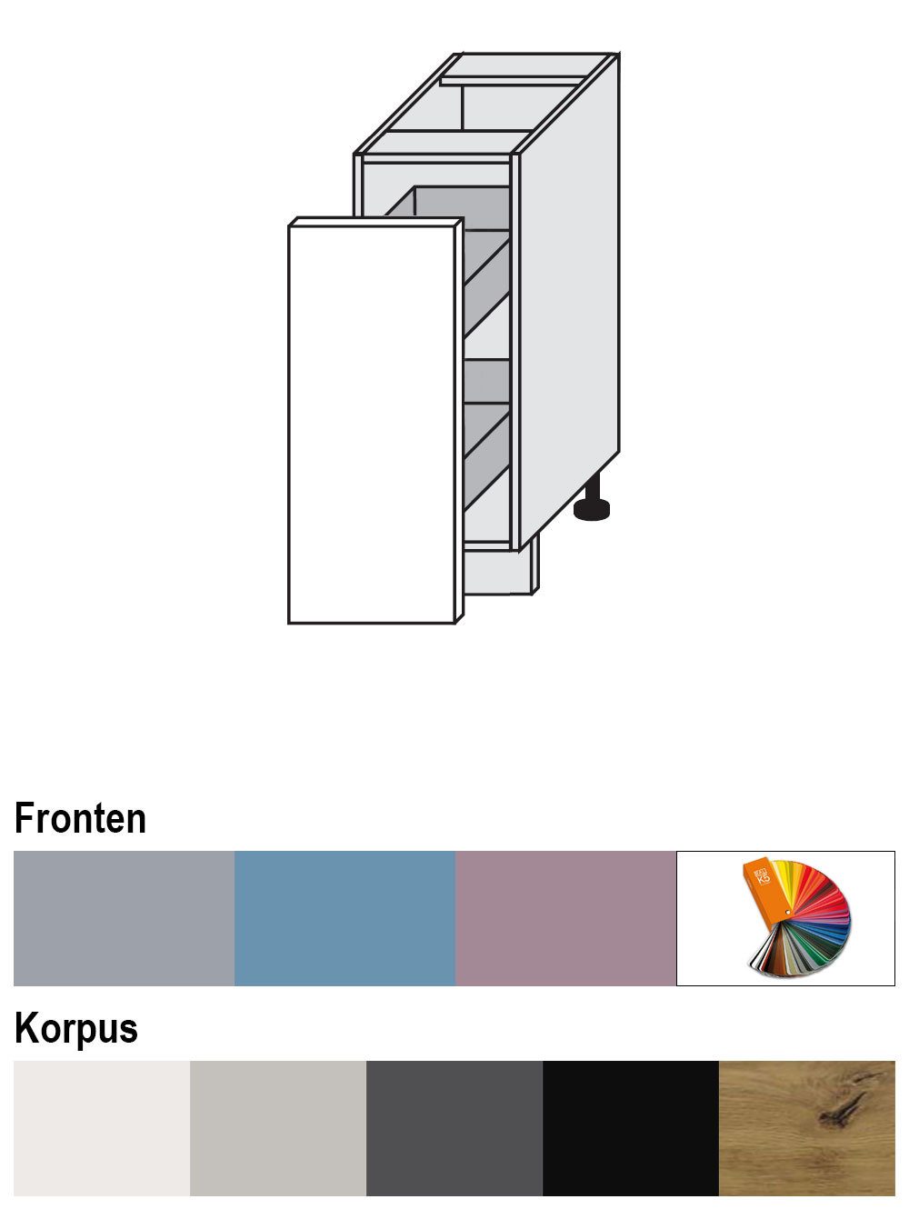 Feldmann-Wohnen Unterschrank Bari (D1D/30/kargo, 1 Türfront, innen 1 Korbauszug mit 2 Ablagen, 1-St., moderne Kassettenoptik, lackierte Fronten, 30x50x82cm) grau / RAL 4009 pastellviolett matt