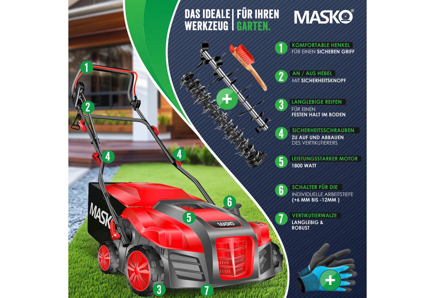 Thumbnail - MASKO Elektro-Vertikutierer, 40 cm Arbeitsbreite, (0-tlg), Elektro 2in1 Vertikutierer Rasenlüfter 1800 Watt 40cm