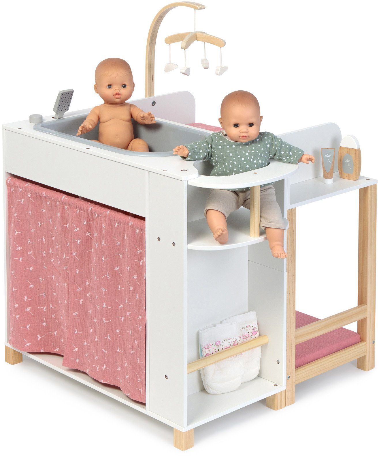 MUSTERKIND® Puppen Pflegecenter Viola, weiß/natur/rosa, aus Holz und Musselin-Stoff