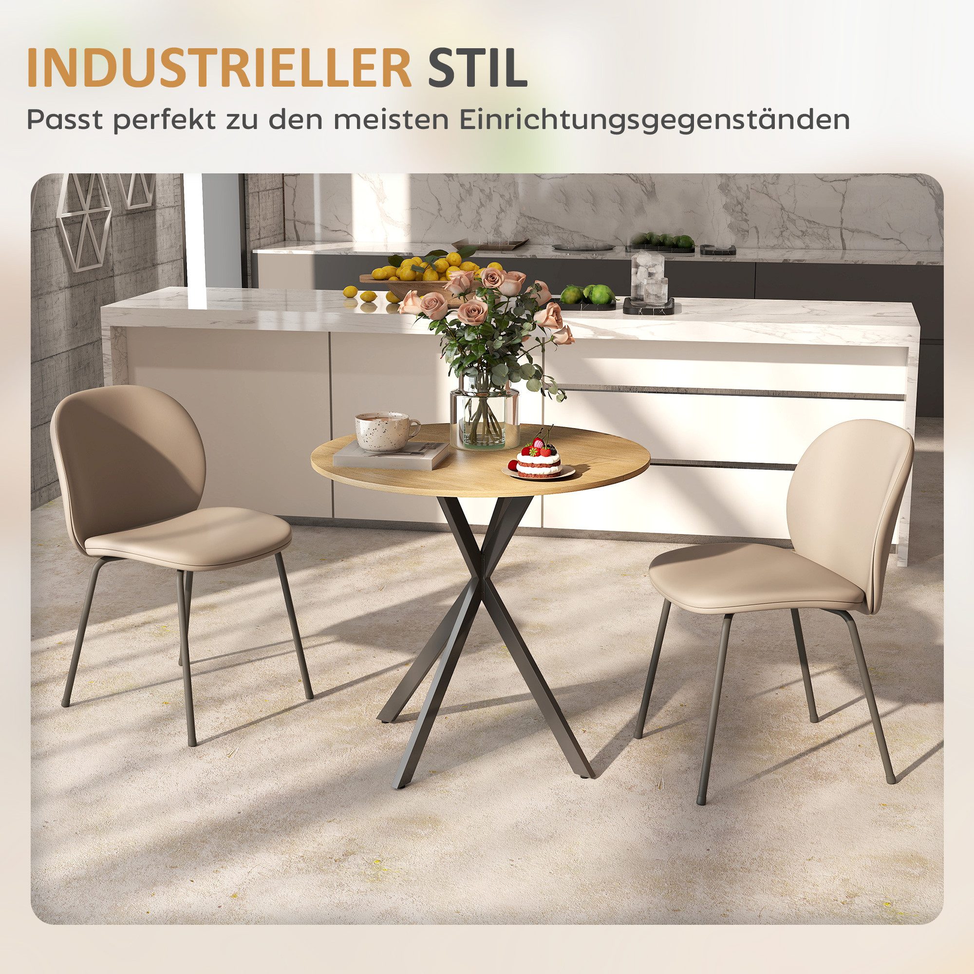HOMCOM Esstisch Küchentisch im Industriestil mit Stahlbeinen für 2 Personen (für Esszimmer, Küche, Wohnzimmer, 1-St., rund, 80 x 80 x 75 cm), Eiche – Bild 5 von 5