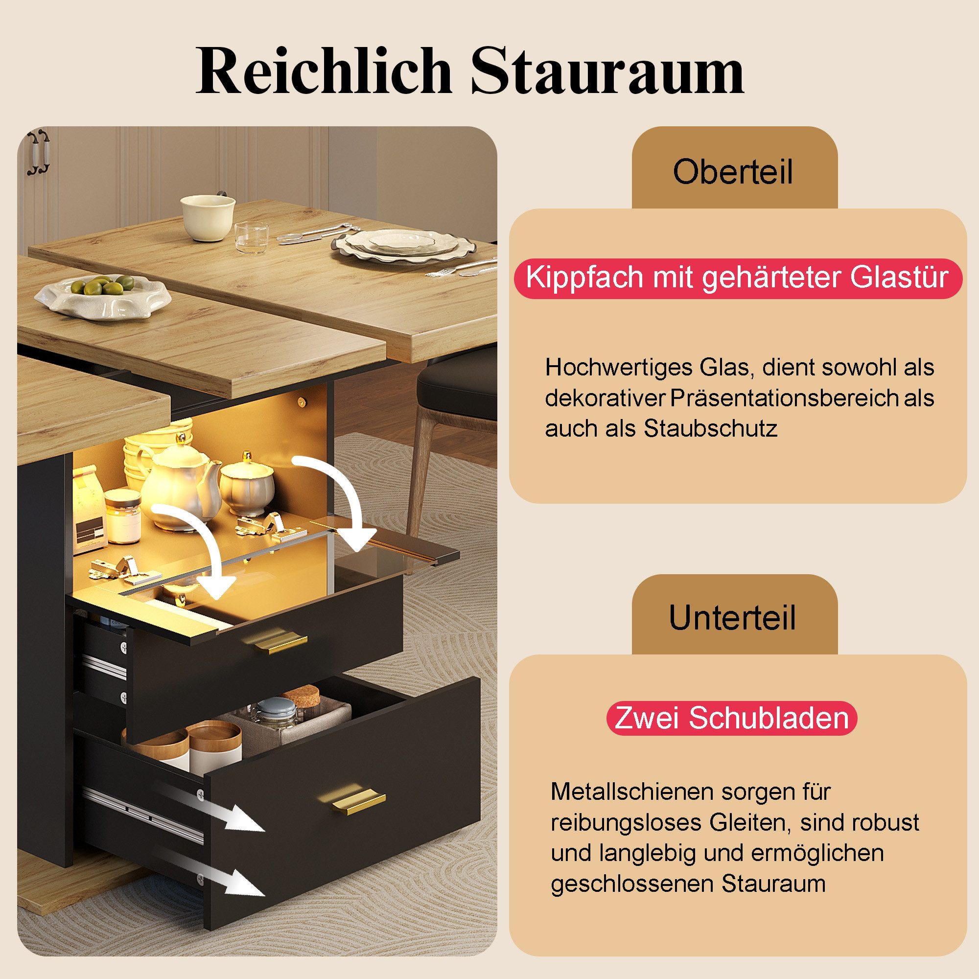 i@home Esstisch ausziehbarer Esstisch, (110-140)*80*75 cm (1 Tisch), Mit LED-Beleuchtung Esstisch, Platz für bis zu 6 Personen – Bild 4 von 5