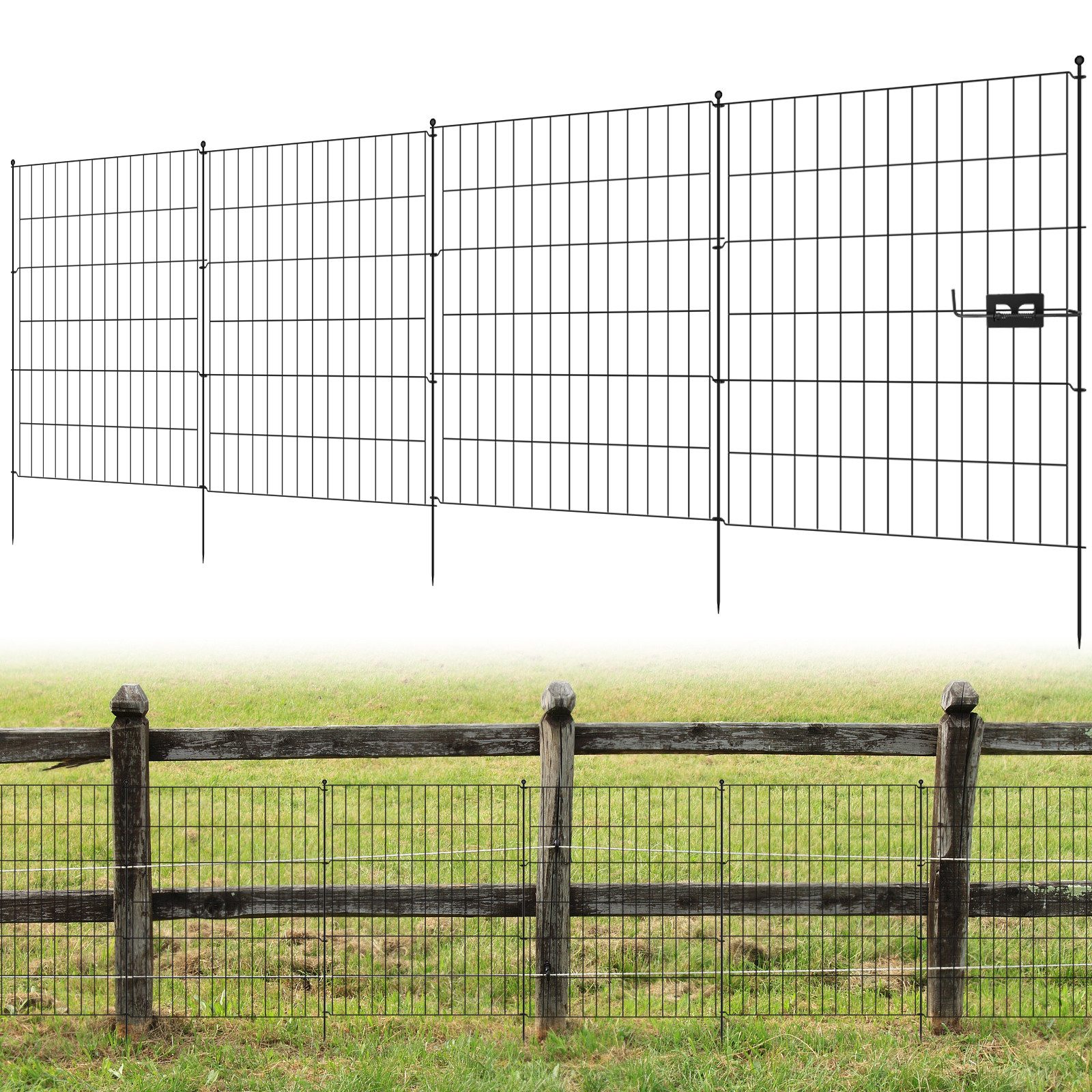 BlingBin Metallzaun Gartenzaun aus Metall mit Tür, Beetzaun, Rasenkante, (4 Zaunelemente + 1 Tor, 1-St., wetterfest, rostfrei, Stecksystem, 101×71 cm / 81×71 cm), schwarzer Gartenzaun für Terrasse, Hof und Garten