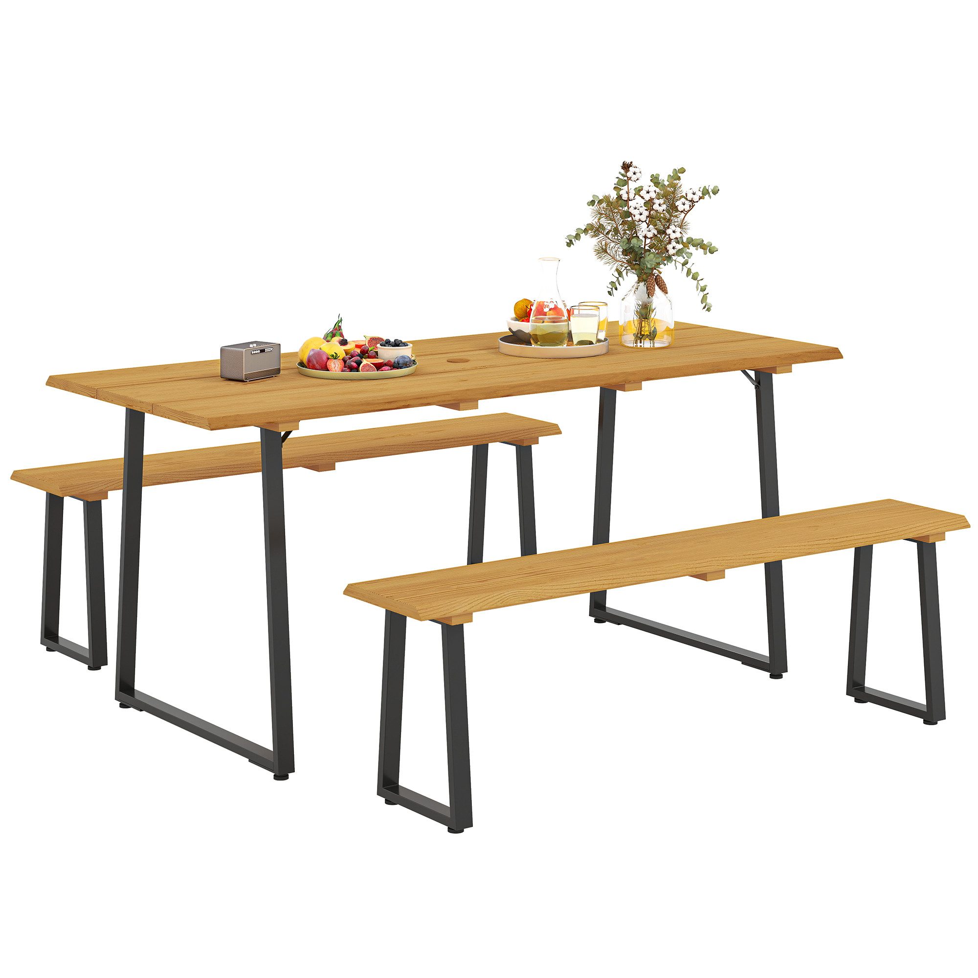 Outsunny Garten-Essgruppe für 6 Personen, mit 2 Bänke, Schirmloch, Holztisch, (3-teilig Sitzgruppe, 3-tlg., Esstisch aus Holz), für Terrasse, Balkon Naturholz