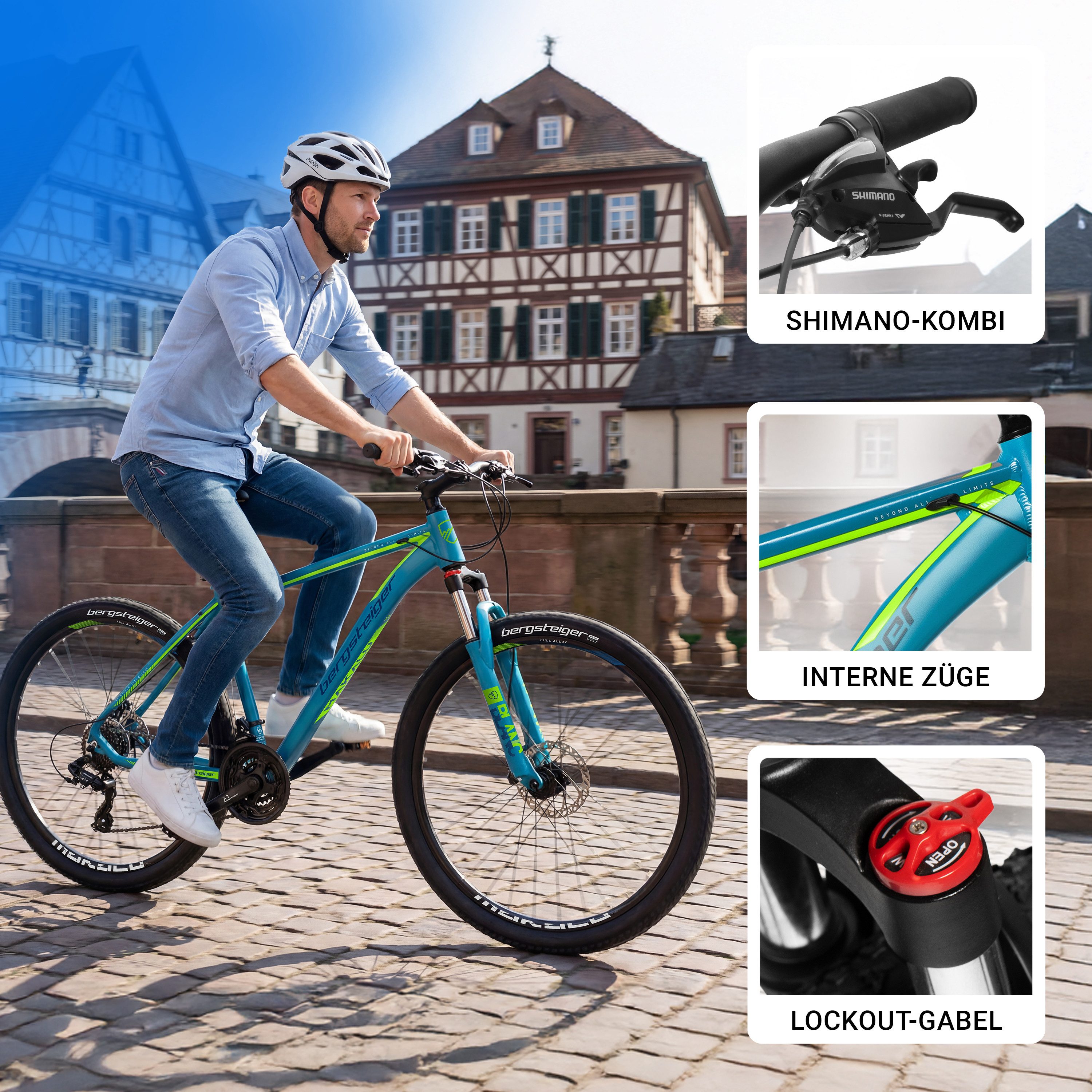 bergsteiger Mountainbike Makalu 26, 29 Zoll Mountainbike Alu, geeignet ab 150 cm, Damen, Herren, 21 Gang Shimano Tourney RD-TY300 Schaltwerk, Kettenschaltung, Scheibenbremsen