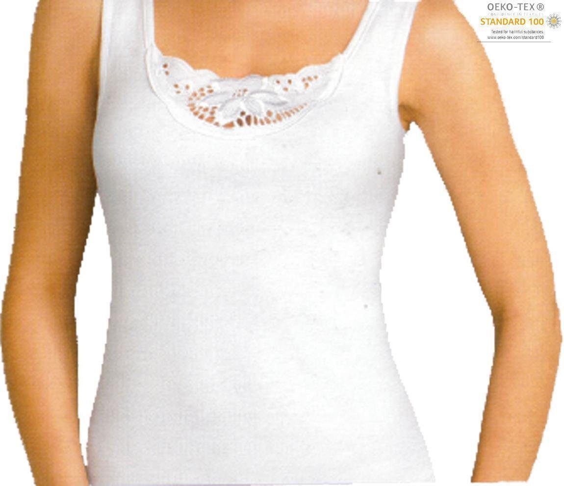 Unterhemd Baumwolle; 36 bis 54 mit Spitze (2-St) Unterhemd 2 Weiß Damen Stück EloModa Gr.