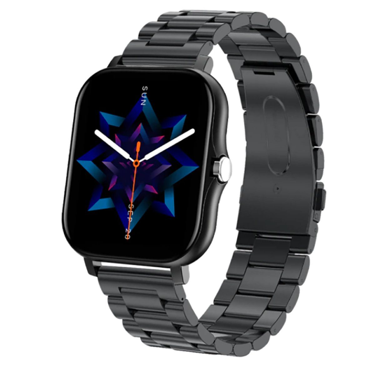TPFNet SW02 mit Edelstahl Armband - individuelles Display Smartwatch (Android), Armbanduhr mit Musiksteuerung, Herzfrequenz, Schrittzähler, Kalorien, Social Media etc., Schwarz