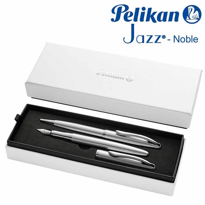 Pelikan Drehkugelschreiber Pelikan Jazz Noble Kugelschreiber Füller Geschenke-Set Silber