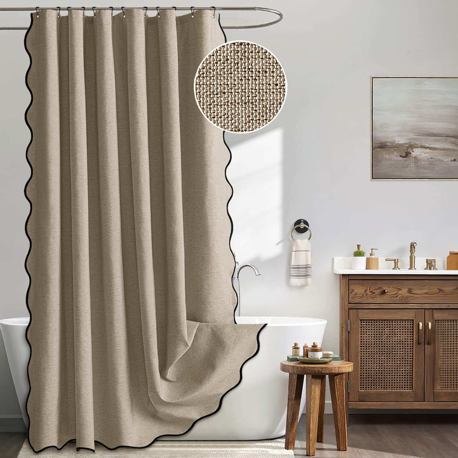 Agger Duschvorhang mit Wellenkante, Leinenstruktur, mit 12 Metallhaken, niedlicher Breite 180 cm, strapazierfähiger, waschbarer, wasserdichter Duschvorhang 180x180cm