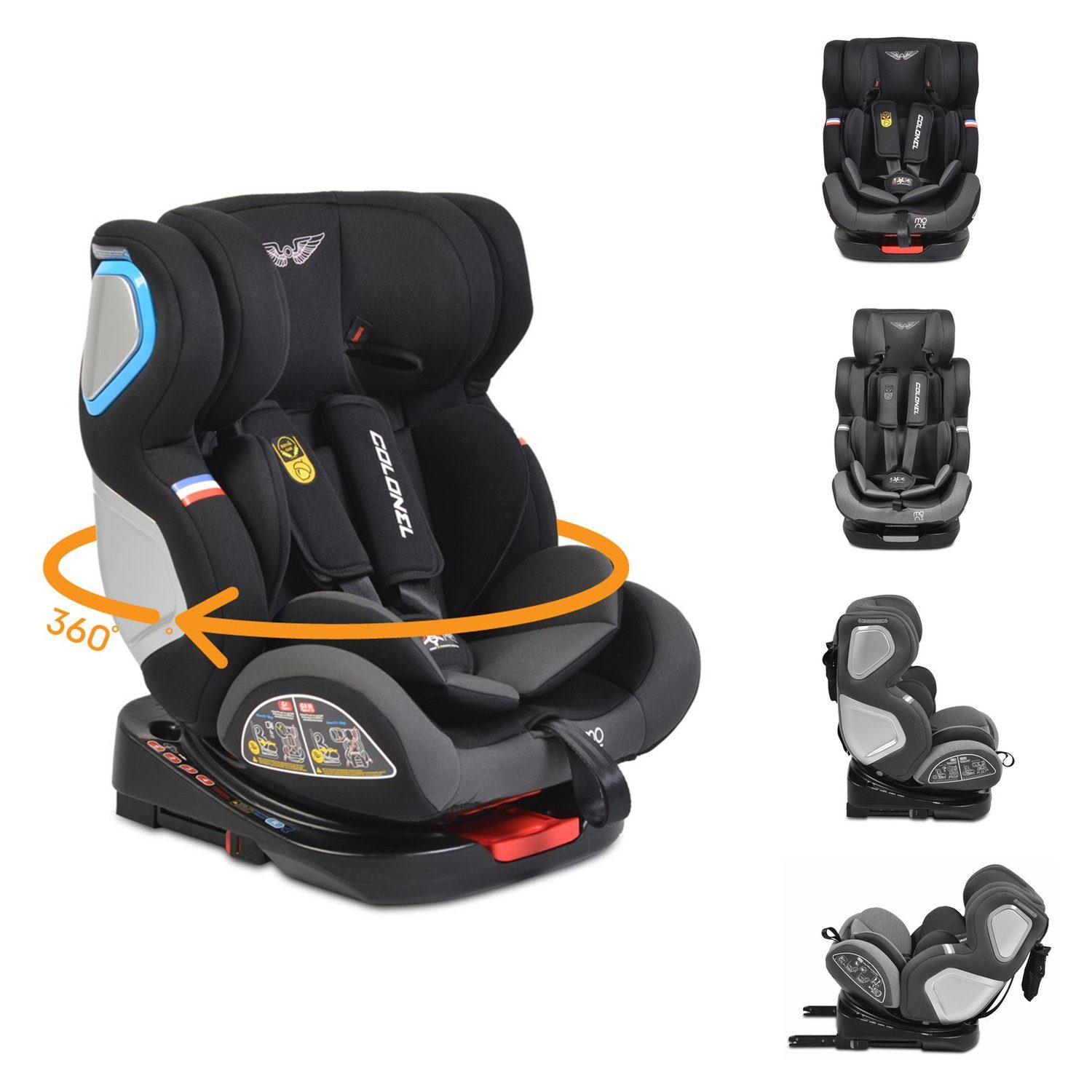 Beförderungsnachrichten Moni Autokindersitz Kindersitz Colonel 0/1/2/3, kg, dunkelgrau 0-36 Gruppe bis: Neigung, 36 kg, 165° Isofix drehbar