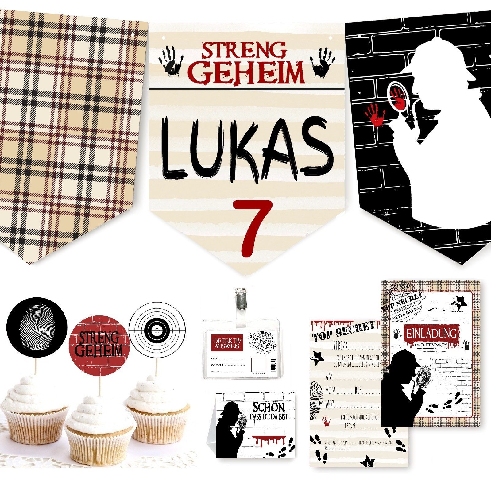 homestyle-accessoires Papierdekoration Kindergeburtstag Party 10erSet DETEKTIV Wimpelkette Einladungen, Detetivausweise Cupcaketopper Tischkarten MIT LIEBE GEFERTIGT