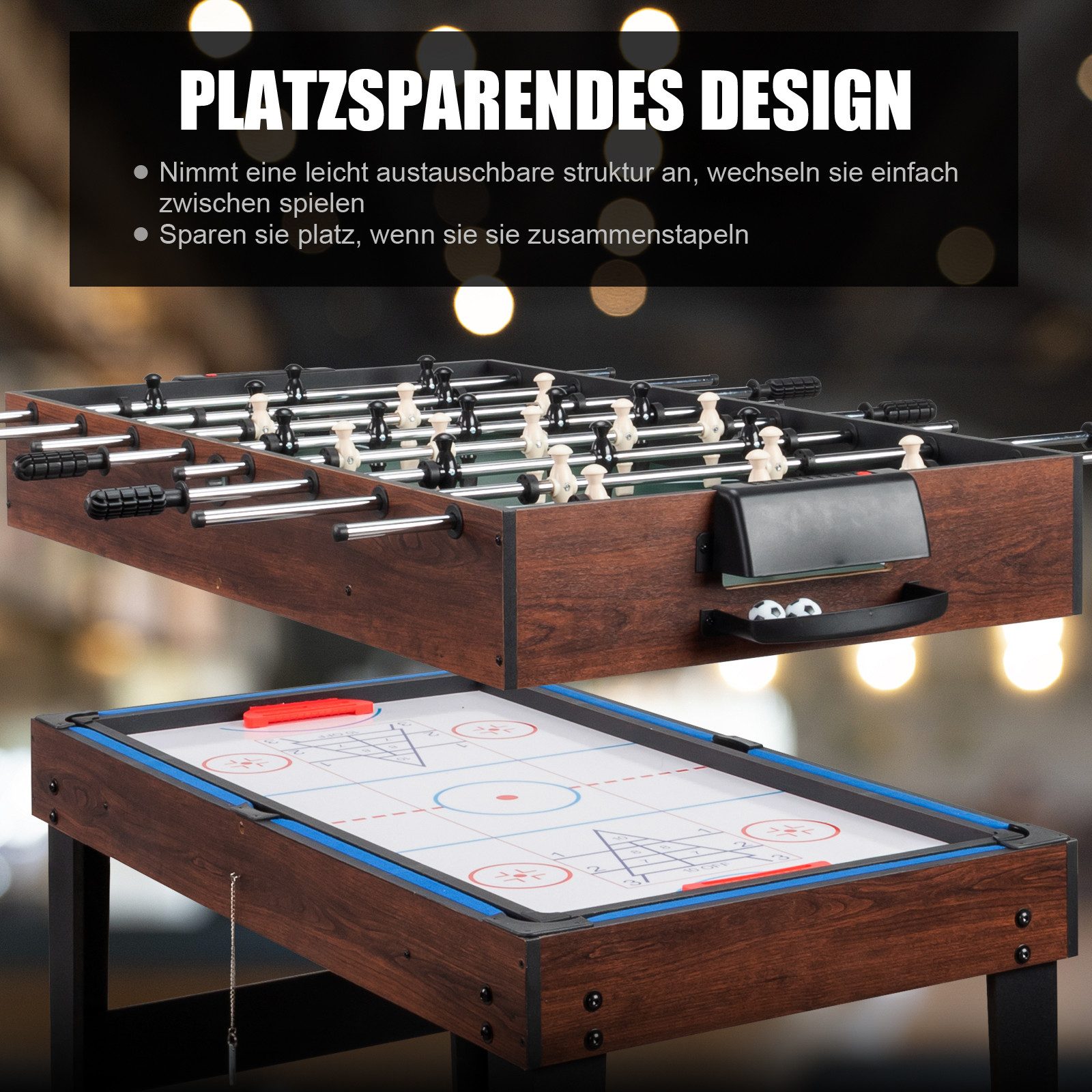 LALAHO Kickertisch Multifunktionstisch 6in1 Tischkicker Belfast,mit Hockey, Billardtisch, Pingpong, Shuffleboard, Bowling,122x61x80cm