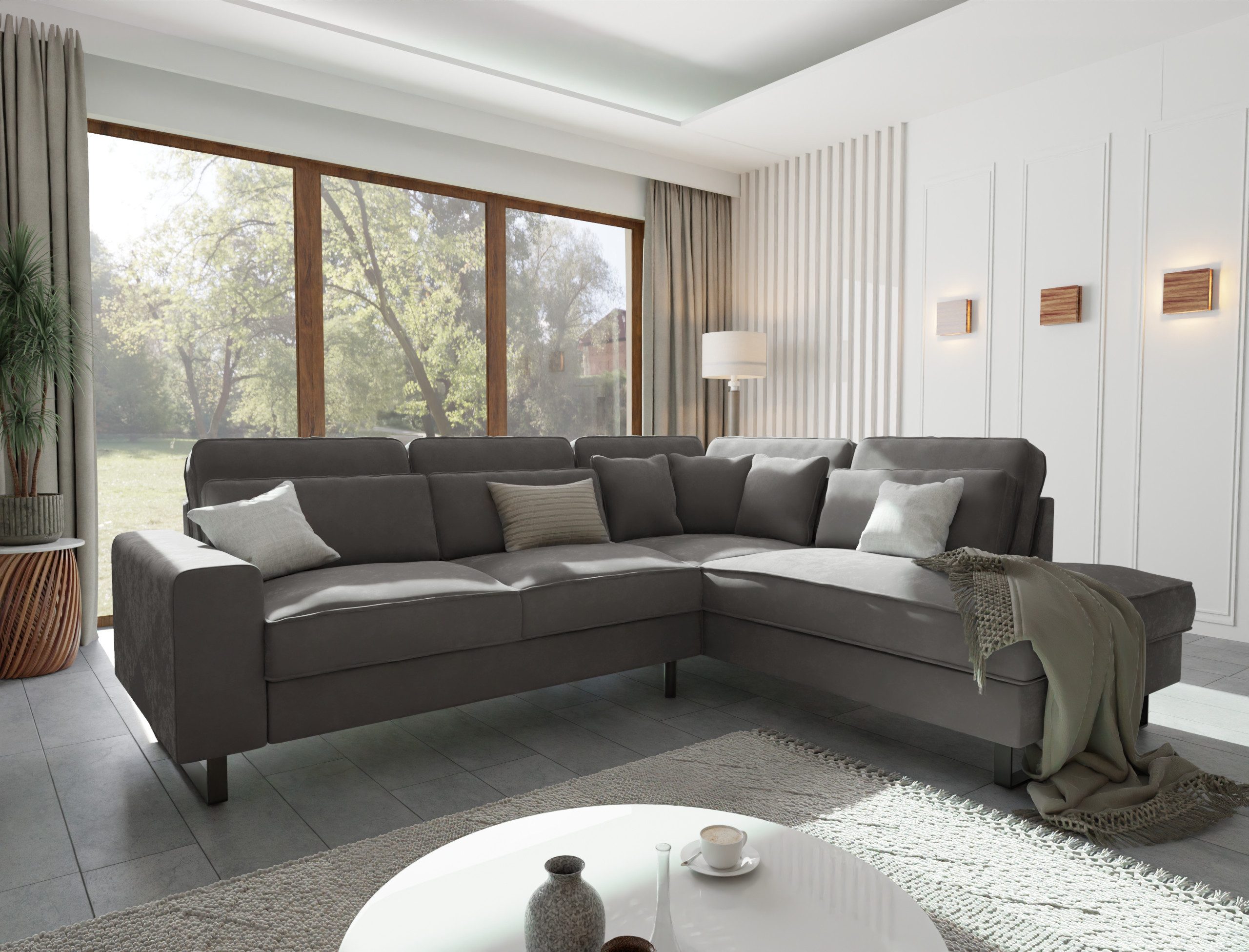 S-Style Möbel Ecksofa Ember mit Ottomane und Schwarz Metall Füßen in Samt-Stoff, Ottomane links oder rechts bestellbar, mit Wellenfederung