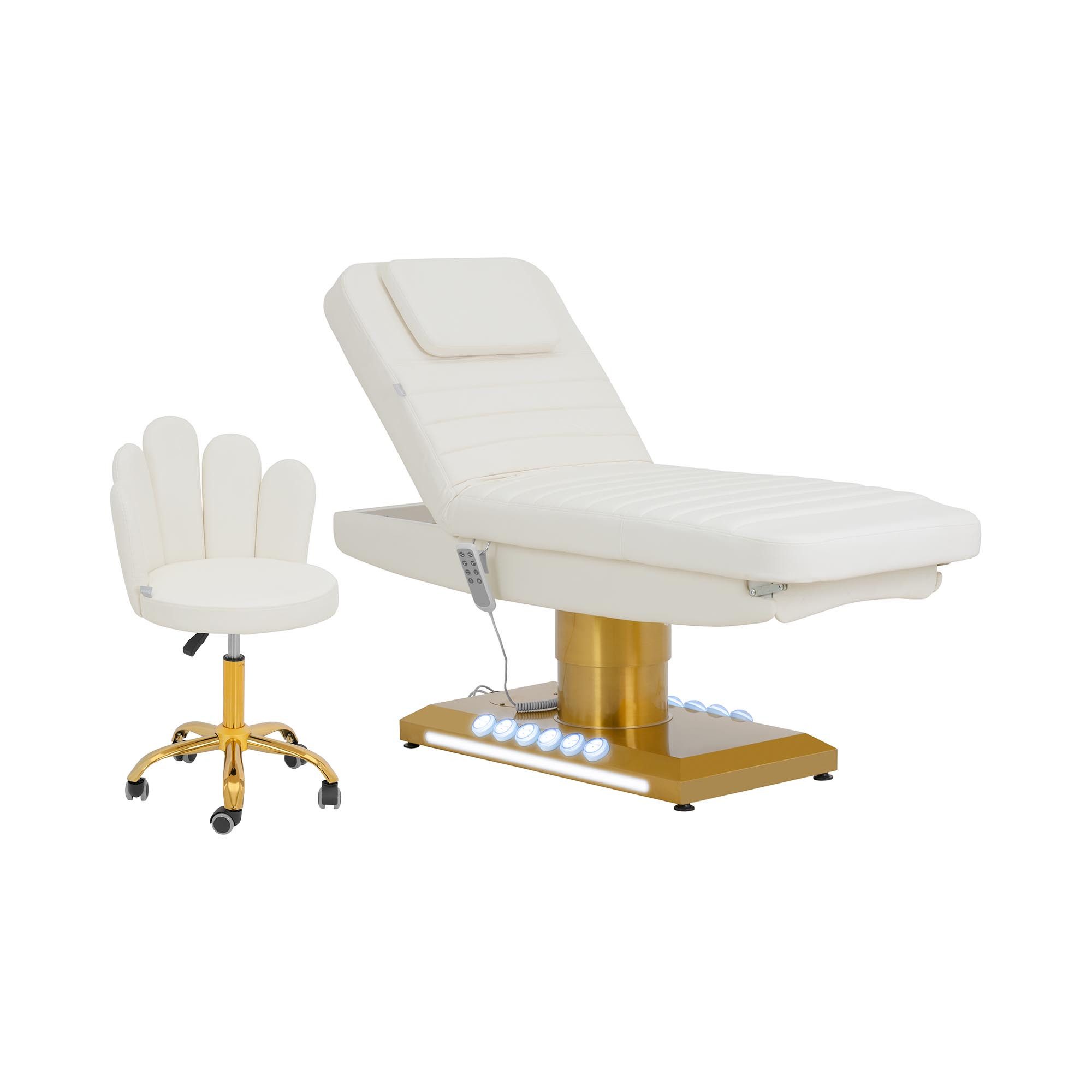 Physa Massageliege Elektrische Kosmetikliege + Rollhocker 200 kg weiß/gold 3 Motoren, Golden, Weiß