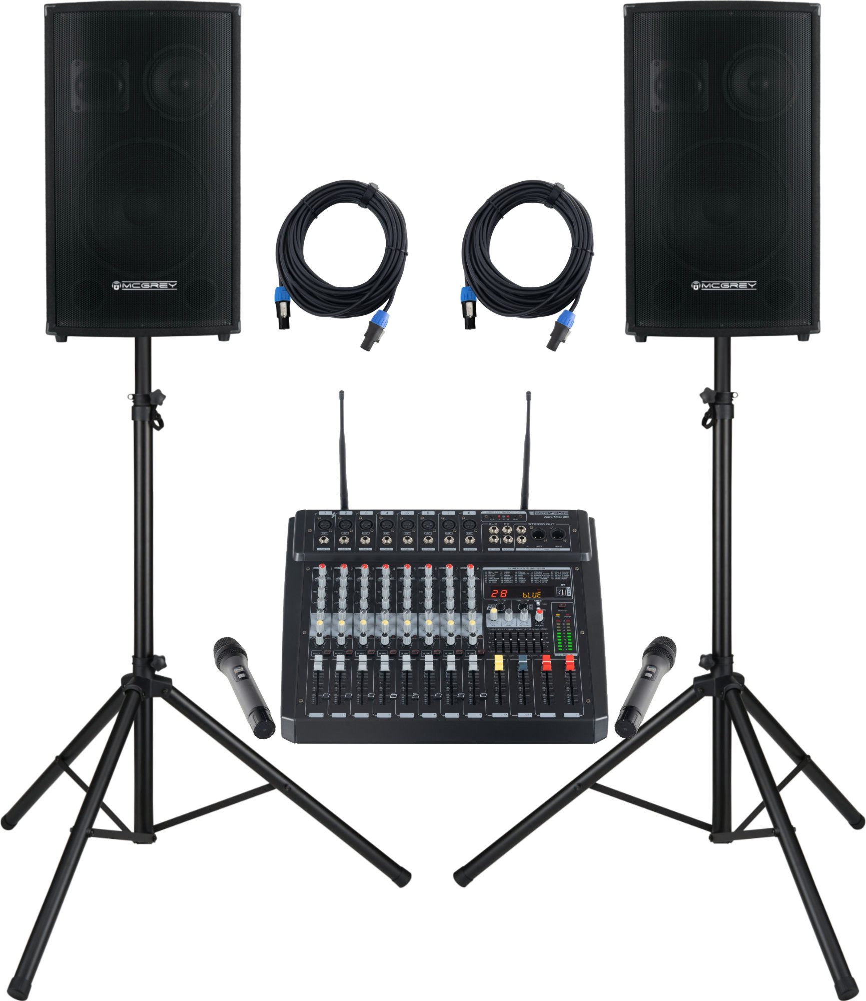 McGrey SL-12/3 Powermixer 800 3-Wege PA-Set mit Funkmikrofonen Lautsprechersystem (Funk, Infrarot, Bluetooth, 380 W, 3-Wege PA-Set mit Funkmikrofonen)