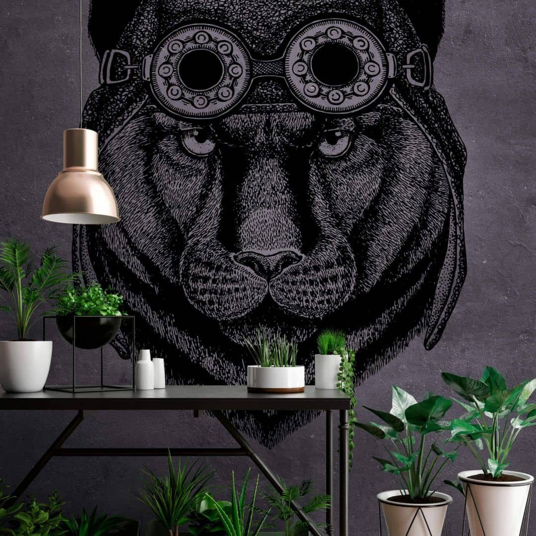 living walls Fototapete »Große Vliestapete XXL Fototapete by Patel Steampunk Panther Tapete Pilot Katze 4m x 2.7m«, panther