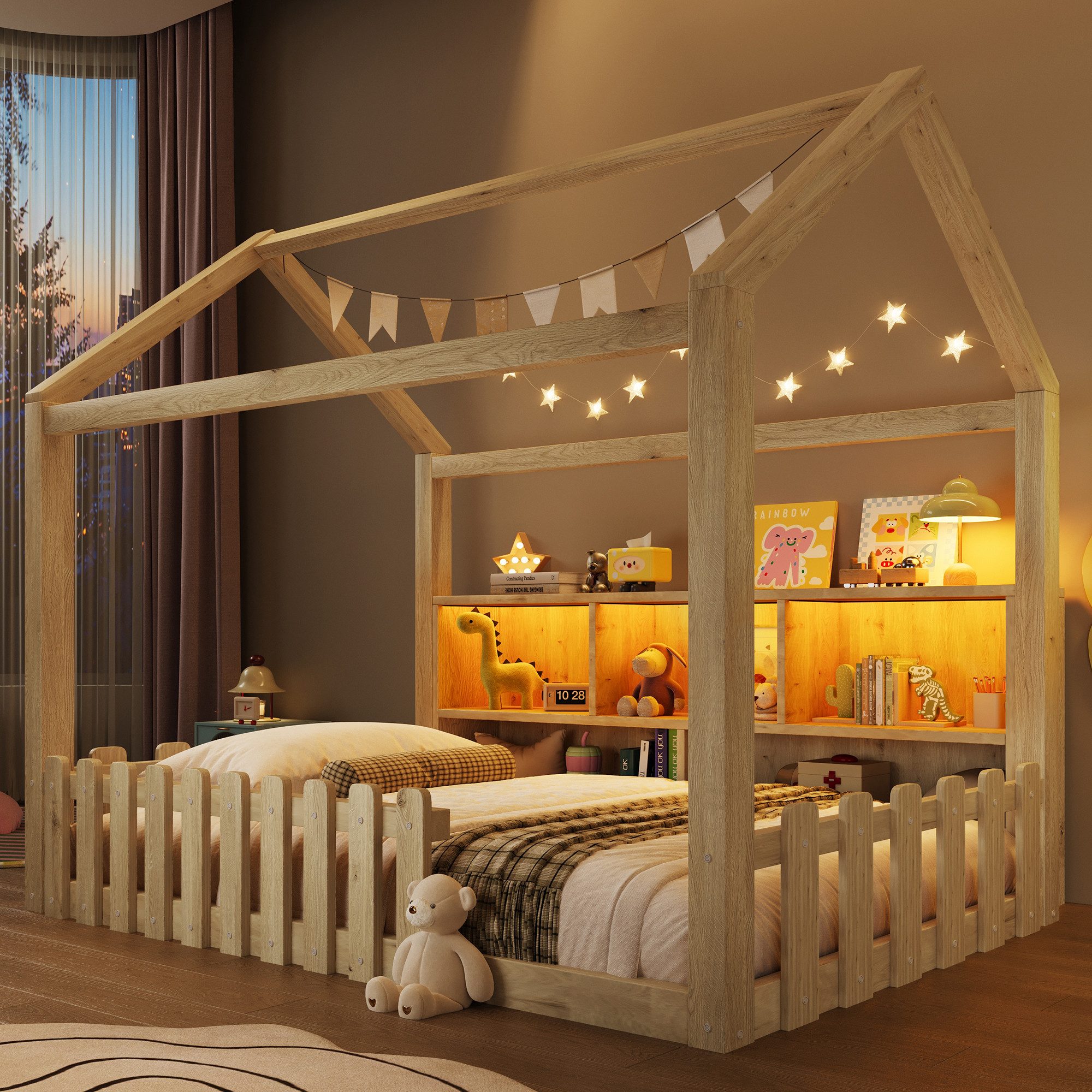 Flieks Kinderbett, Hausbett Bodenbett 90x190cm mit Gitter LED-Lichtleiste und Staufächer