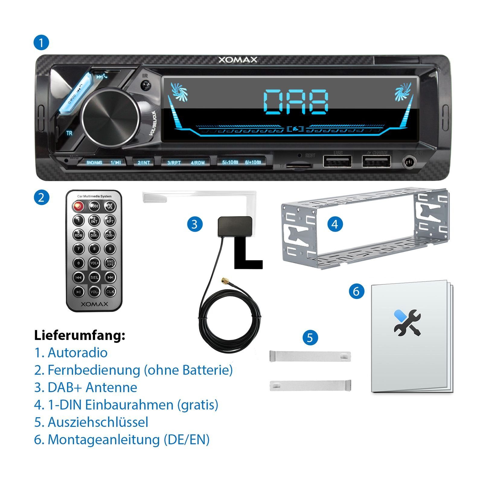AUX, DAB+ XM-RD283 USB, XOMAX plus, Autoradio DIN 2x mit Bluetooth, 1 Autoradio SD,