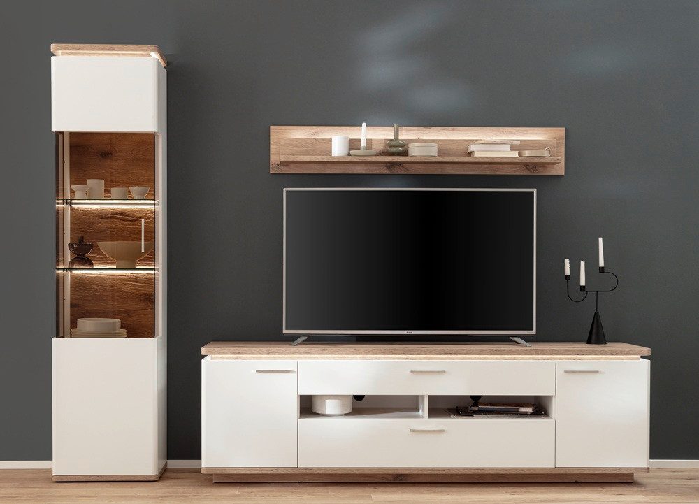 MCA furniture Wohnwand Wohnkombination Palermo 2, Soft white / Viking Oak, 3-teilig, (3-St), Wohnwand, Anbauwand, modern