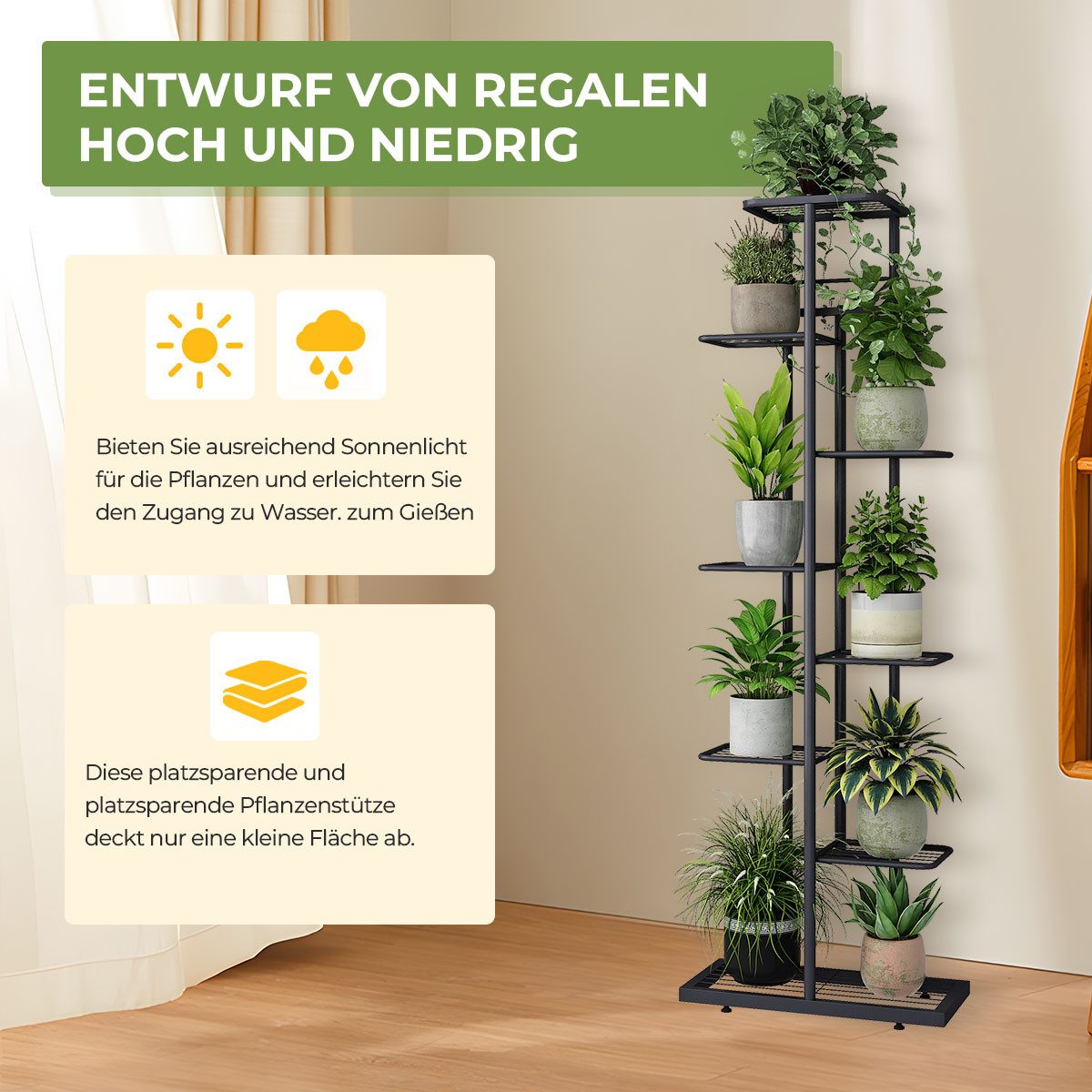 Simloveve 9-Tier Metal Plant Stand/Plant Shelf (Indoor/Outdoor), Dark Grey, 145cm High, for Garden or Balcony
