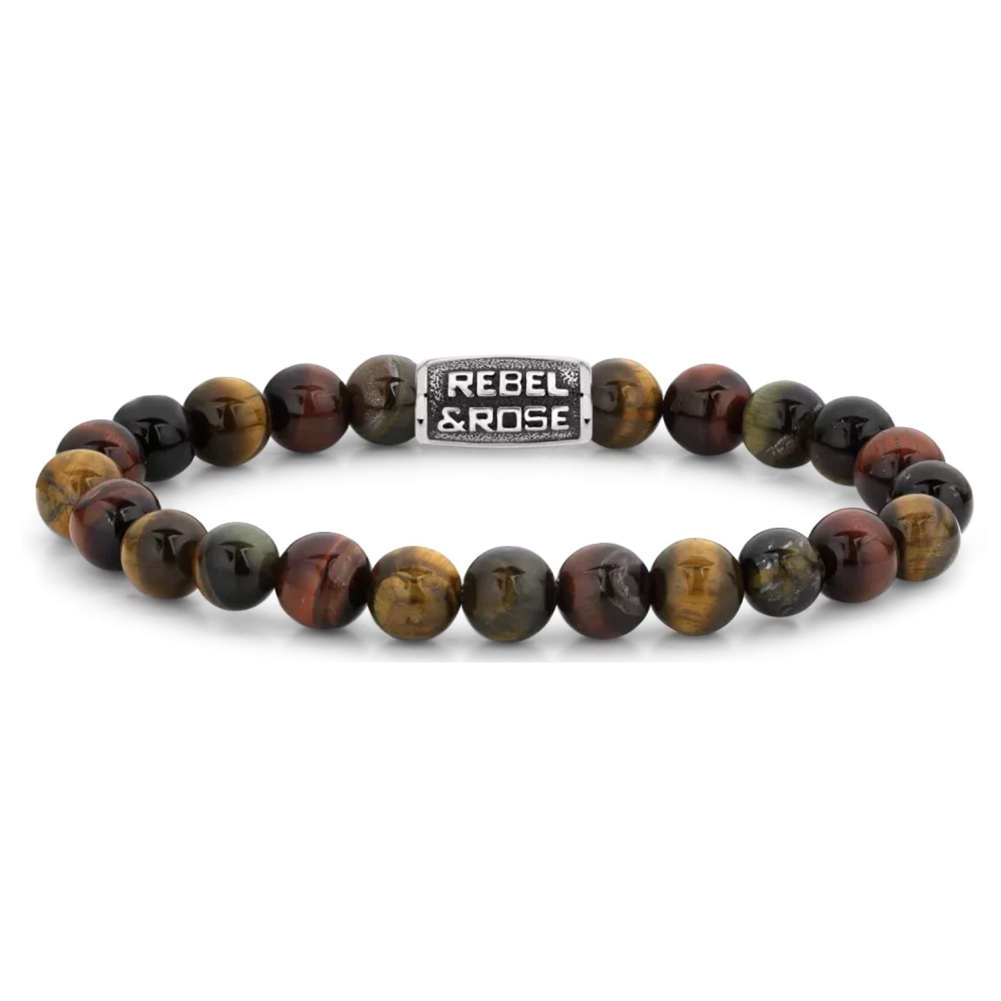 Rebel & Rose Armband Armband aus 8mm großen Edelsteinen Tigerauge mit Metallverschluss
