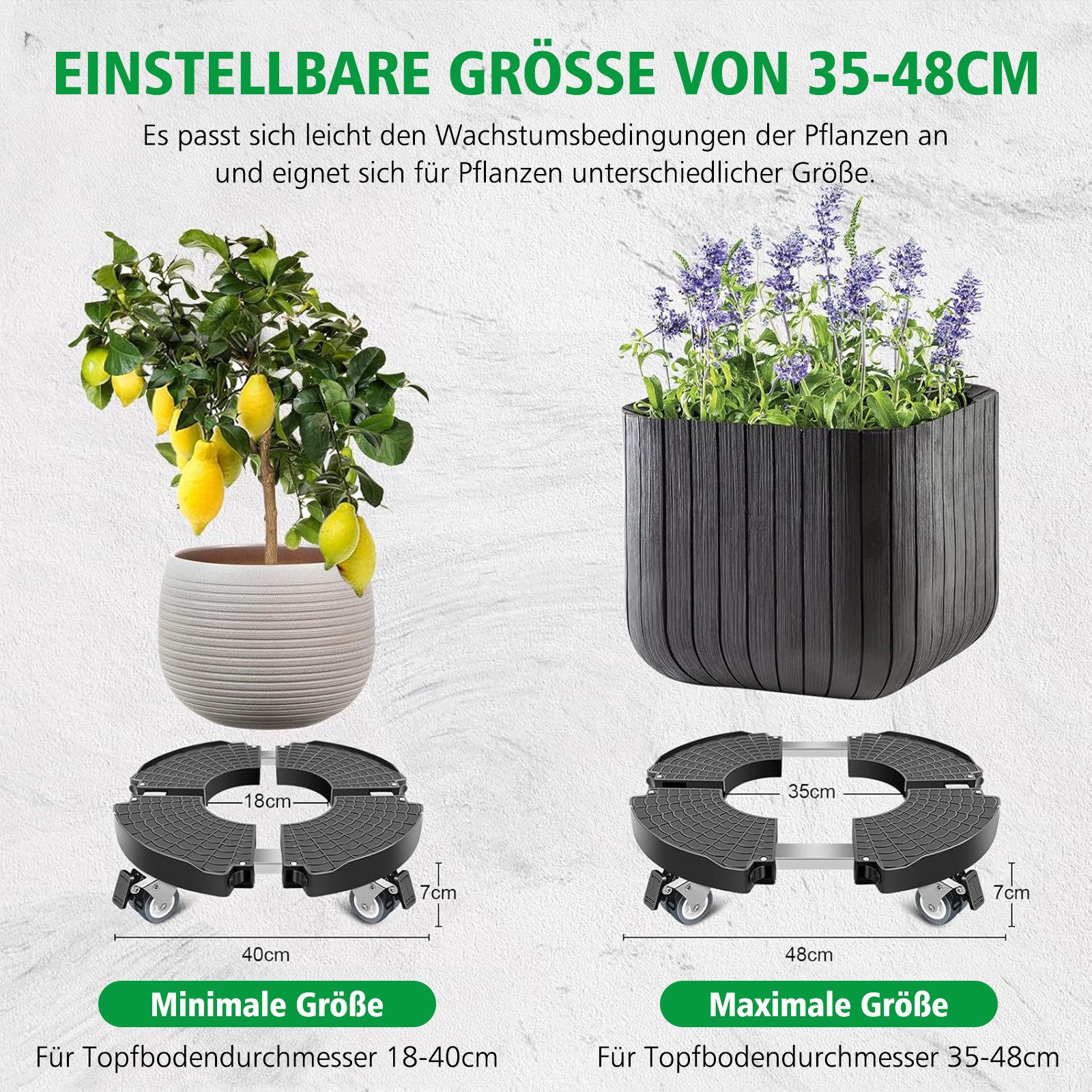 AKKEE Blumentopfuntersetzer Ausziehbarer Blumentopfteller mit 360° drehbaren Rollen, Zubehör für Zubehör für Pflanztöpfe, Set, 40-48cm