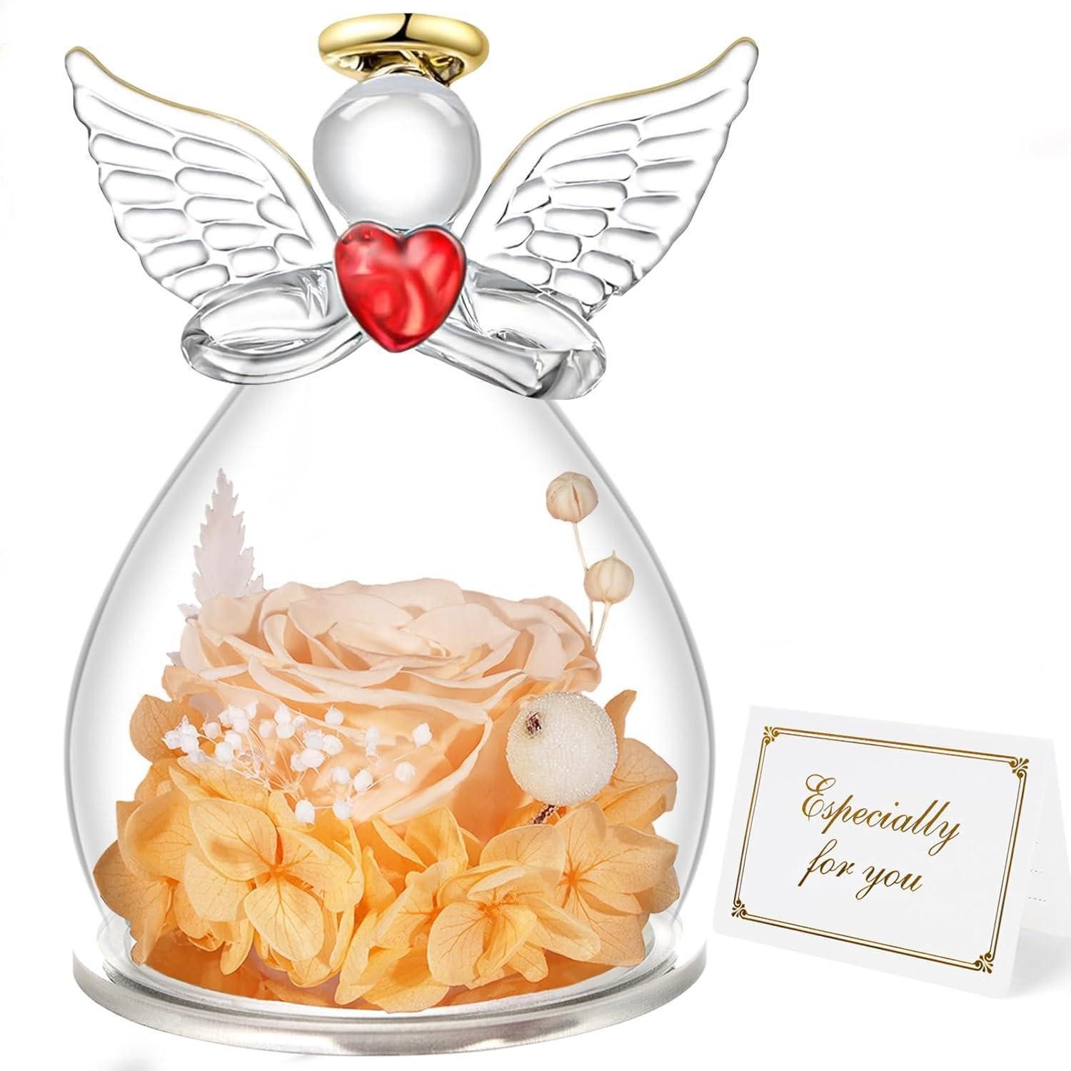 Trockenblume Figur Ewige Rose Schutzengel Geschenk Mama Freundin Oma Champagner, LuxusKollektion