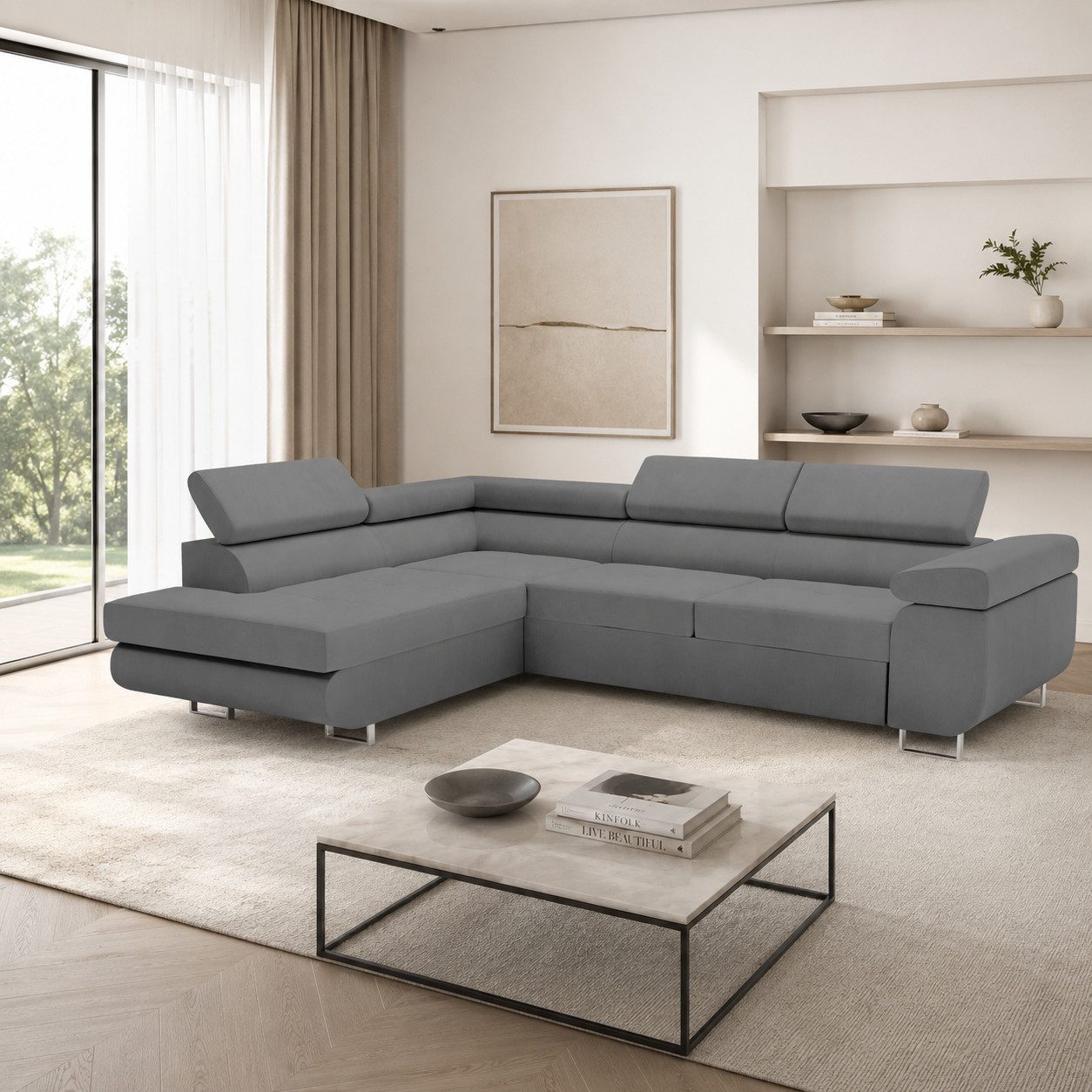 Goldstoff Ecksofa mit Schlaffunktion & Bettkasten - hochwertiges Sofa, Couch mit Schlaffunktion für Wohnzimmer - Schlafsofa - Eckcouch, Eckcouch mit praktischem Bettkasten in grau