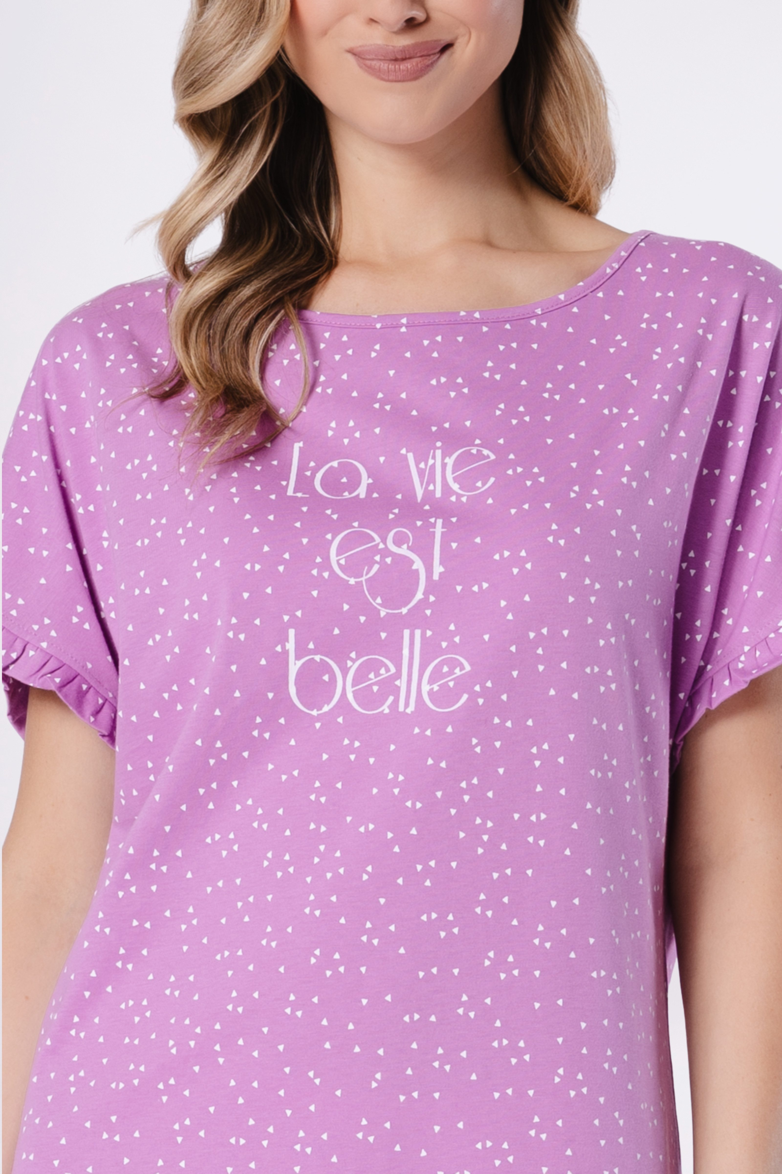 COOLISMO NIGHTWEAR Nachthemd Damen Schlaf-Shirt Baumwolle knielanges Nachthemd in Lila mit Muster & verspielten Rüschendetail