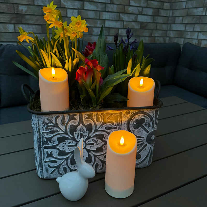 Online-Fuchs LED-Kerze Свечи Set in Creme, Beige mit realistischer Flamme & Fernbedienung (Für außen, outdoor geeignet -, 3er oder 5er Set), 3 verschiedene Höhen, bis 15 cm groß