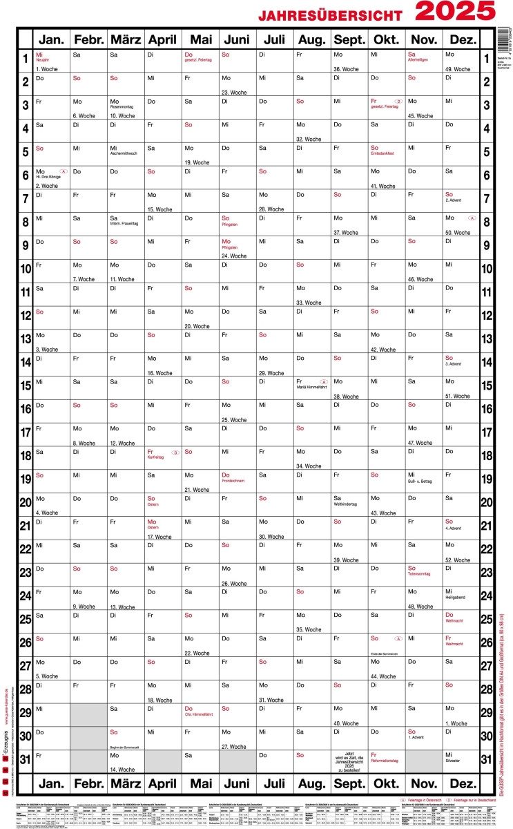 GÜSS Kalender Jahresplaner Jahresübersicht A1 hoch 12 Monate Kalendarium 2027