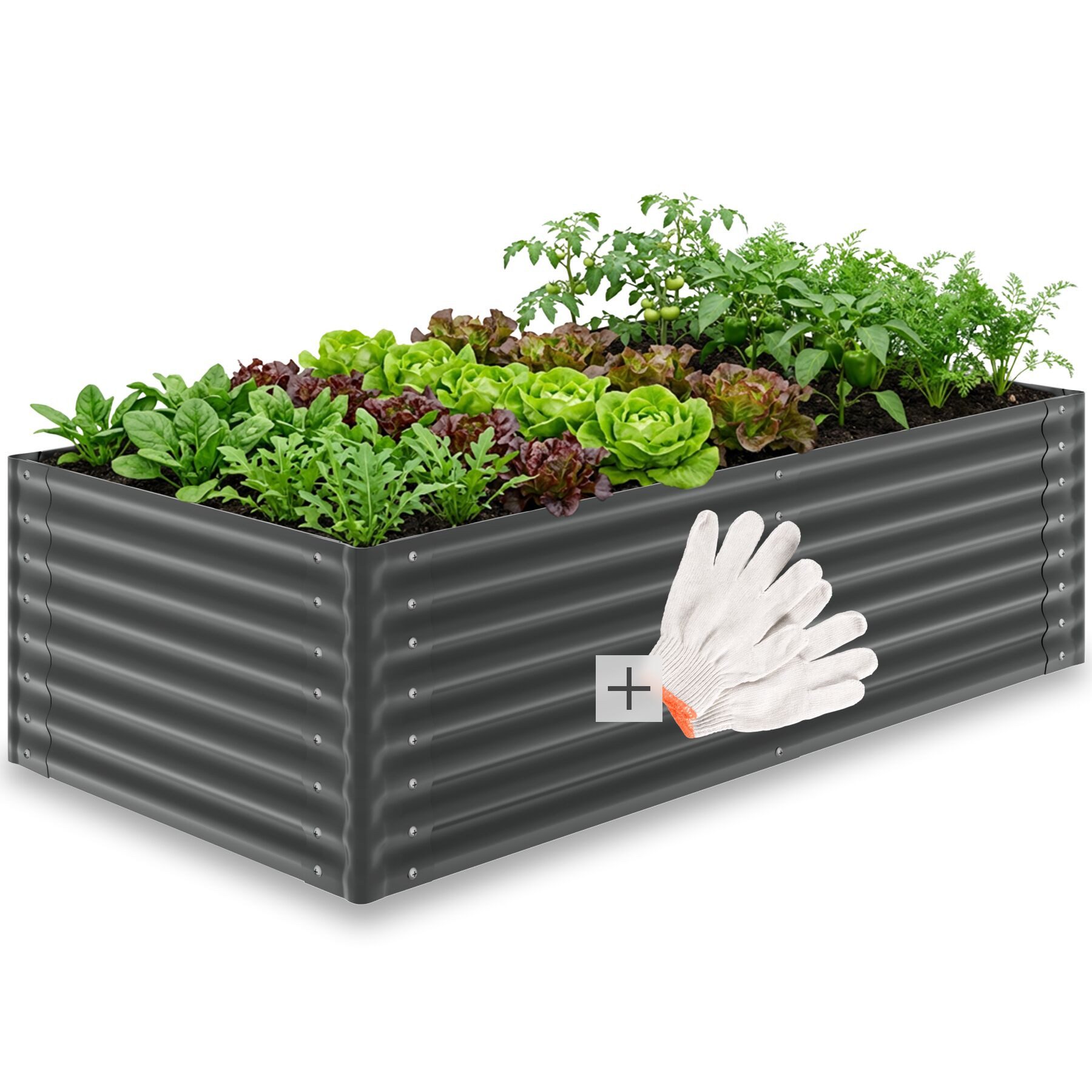 tectake Hochbeet Pflanzbeet 200 x 100 x 62 cm aus verzinktem Stahl, abgerundete (Kübelbeet Blomma, in Anthrazit), 1200 l Volumen, witterungsbeständig, Inkl. Handschuhe