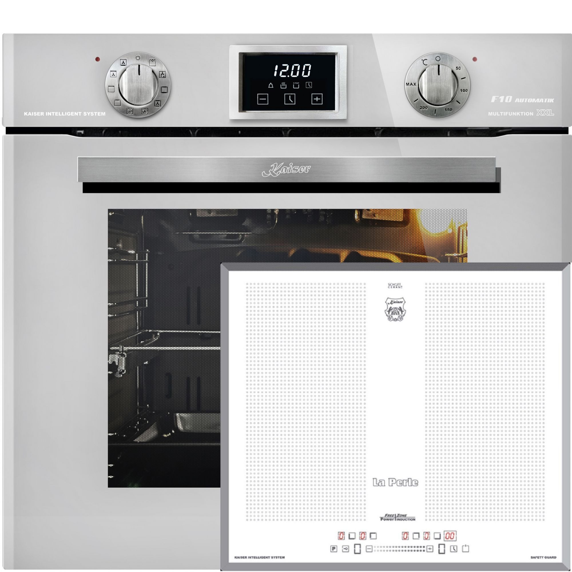 Kaiser Küchengeräte Backofen-Set Herd Set Autark Elektro Backofen, 79L, 10 Funktionen+Induktionskochfeld 60 cm Weißglas Flex Zonen EH 6326 W+KCT 67 FIW,., mit 1-fach-Teleskopauszug