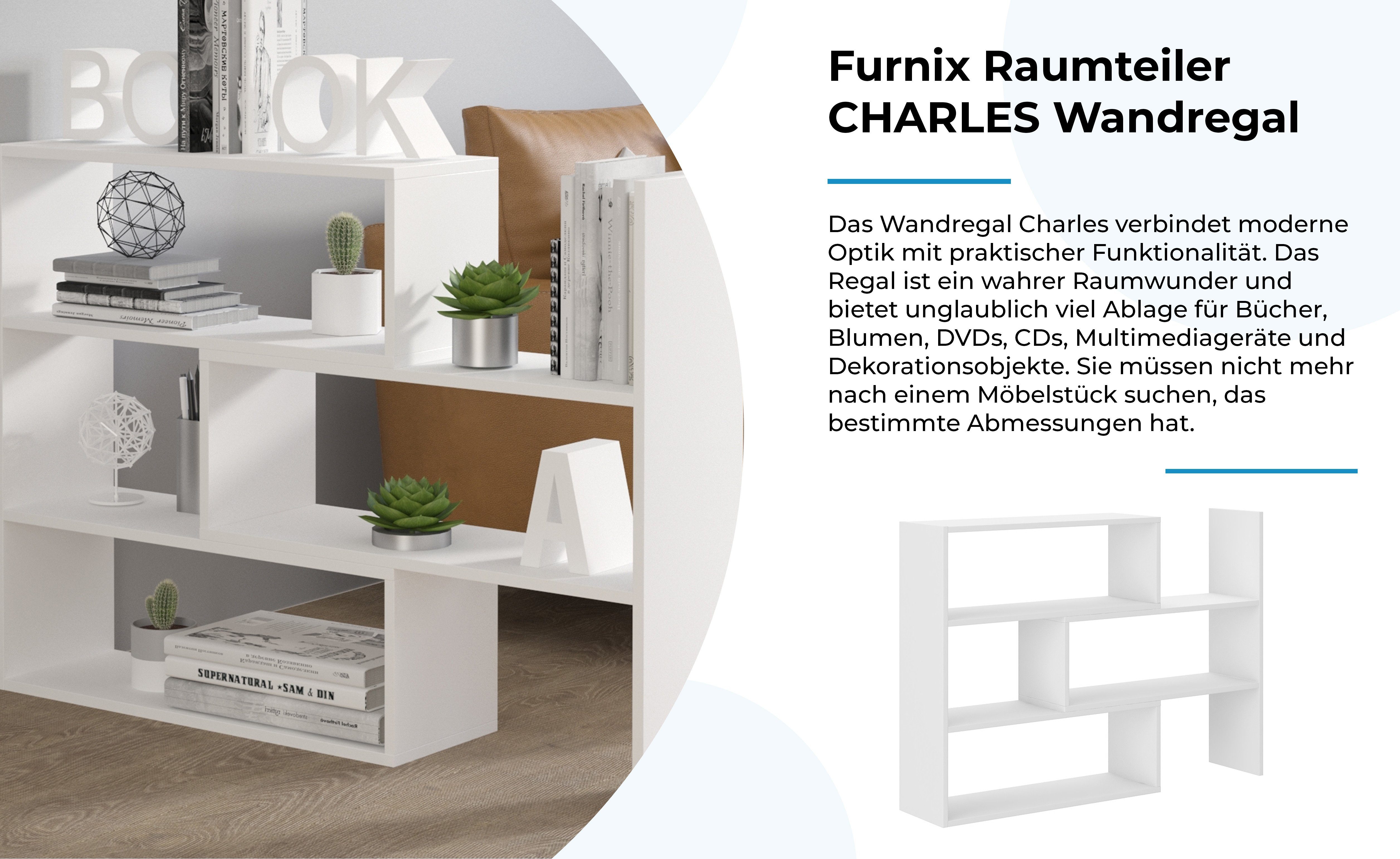 Bücherregal Weiß Wandregal Raumteiler ausziehbar Furnix 3 Auswahl, Farben CHARLES je 3 in Varianten