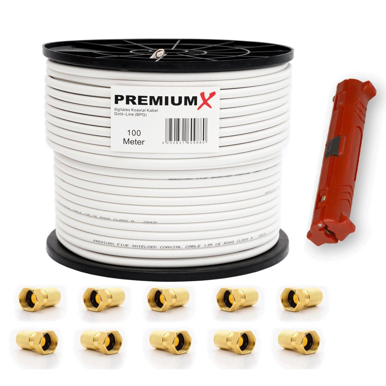 PremiumX 100m BASIC PRO Gold-Line Koaxial Kabel 135dB 5-Fach Abisolierer SAT-Kabel