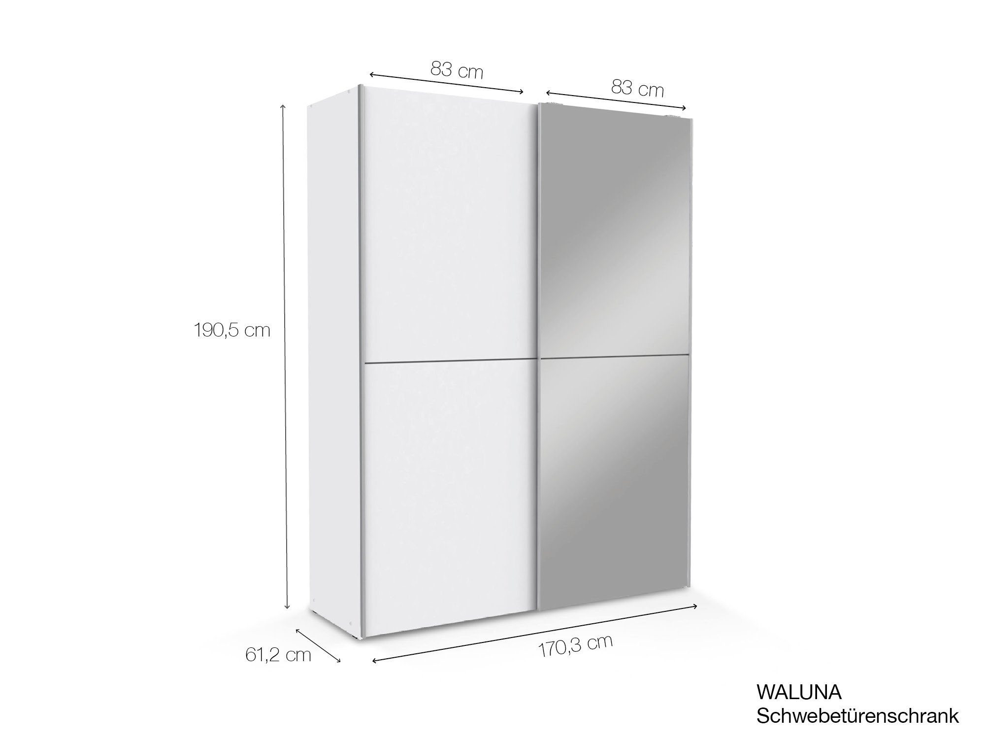 Moebel-Eins weiss WALUNA mit Material Schwebetürenschrank Spiegel, Dekorspanplatte Schiebetürenschrank