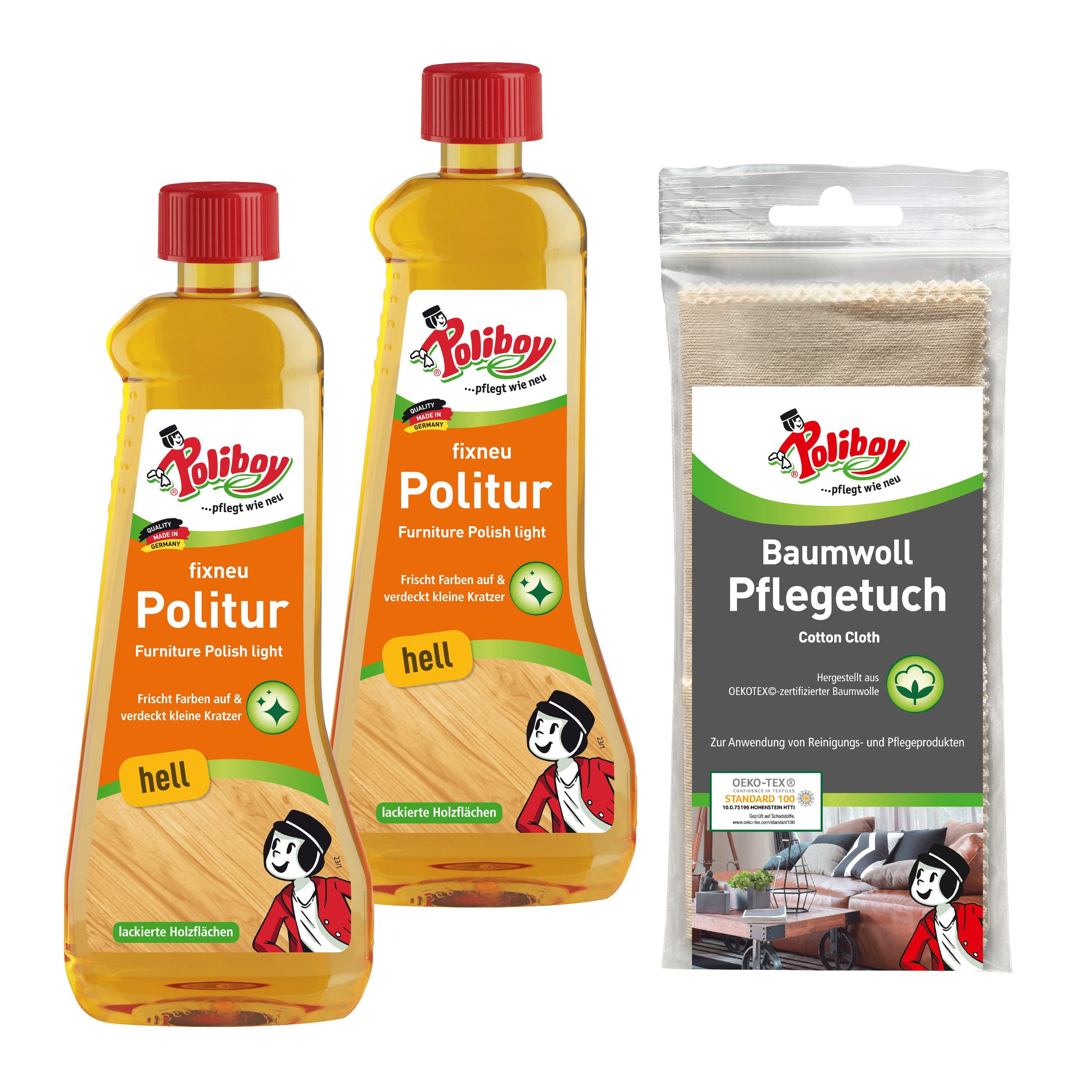 poliboy Fixneu Möbelpolitur hell - 2x500ml - inklusive Baumwolltuch Möbelreiniger (für helle Oberflächen - Made in Germany)