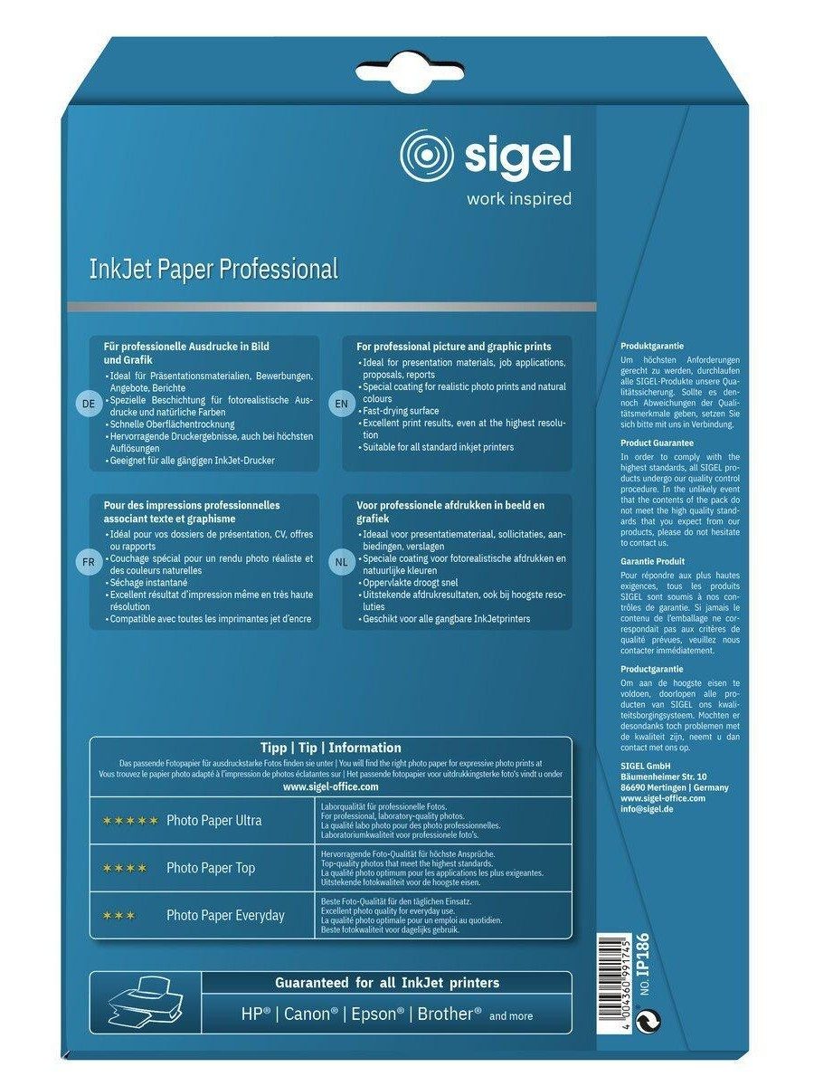 Sigel Druckerpapier Inkjet Papier matt spezialbeschichtet weiß A4 25 Blatt