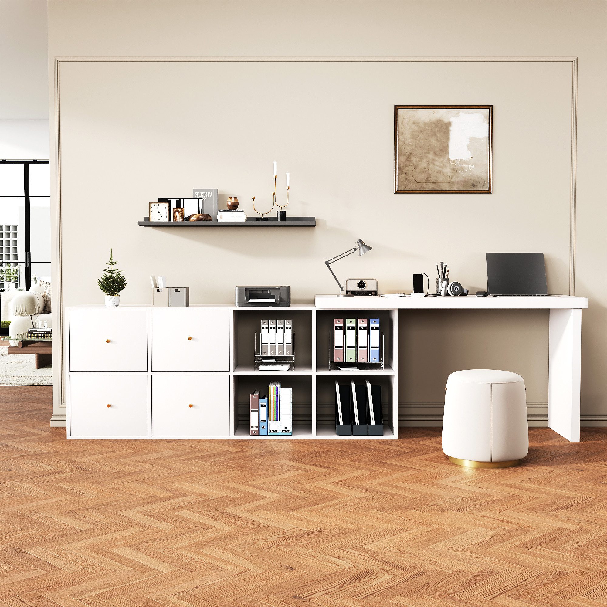 Flieks Schreibtisch 360° drehbar Bürotisch mit 4 Schubladen und 4 Fächern (Tischlänge 120xT48xH78 cm/Schranklänge 140xT35 cm, 2-St., 1 Tisch schwenkbar), Computertisch Eckschreibtisch L-förmiger Arbeitstisch mit Kommode weiß