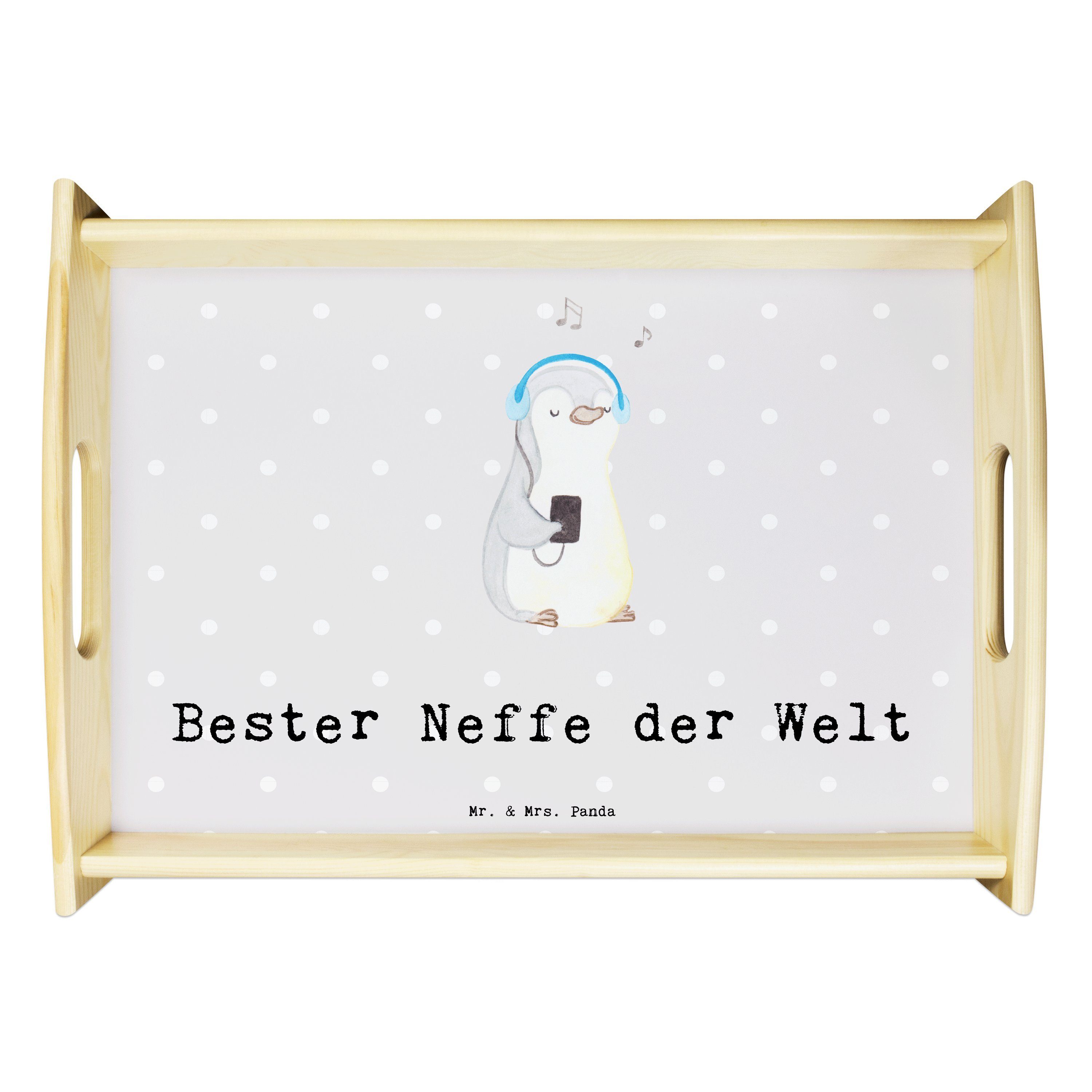 Mr. & Mrs. Panda Tablett Pinguin Bester Neffe der Welt - Grau Pastell - Geschenk, Dankeschön, Echtholz lasiert, (1-tlg)