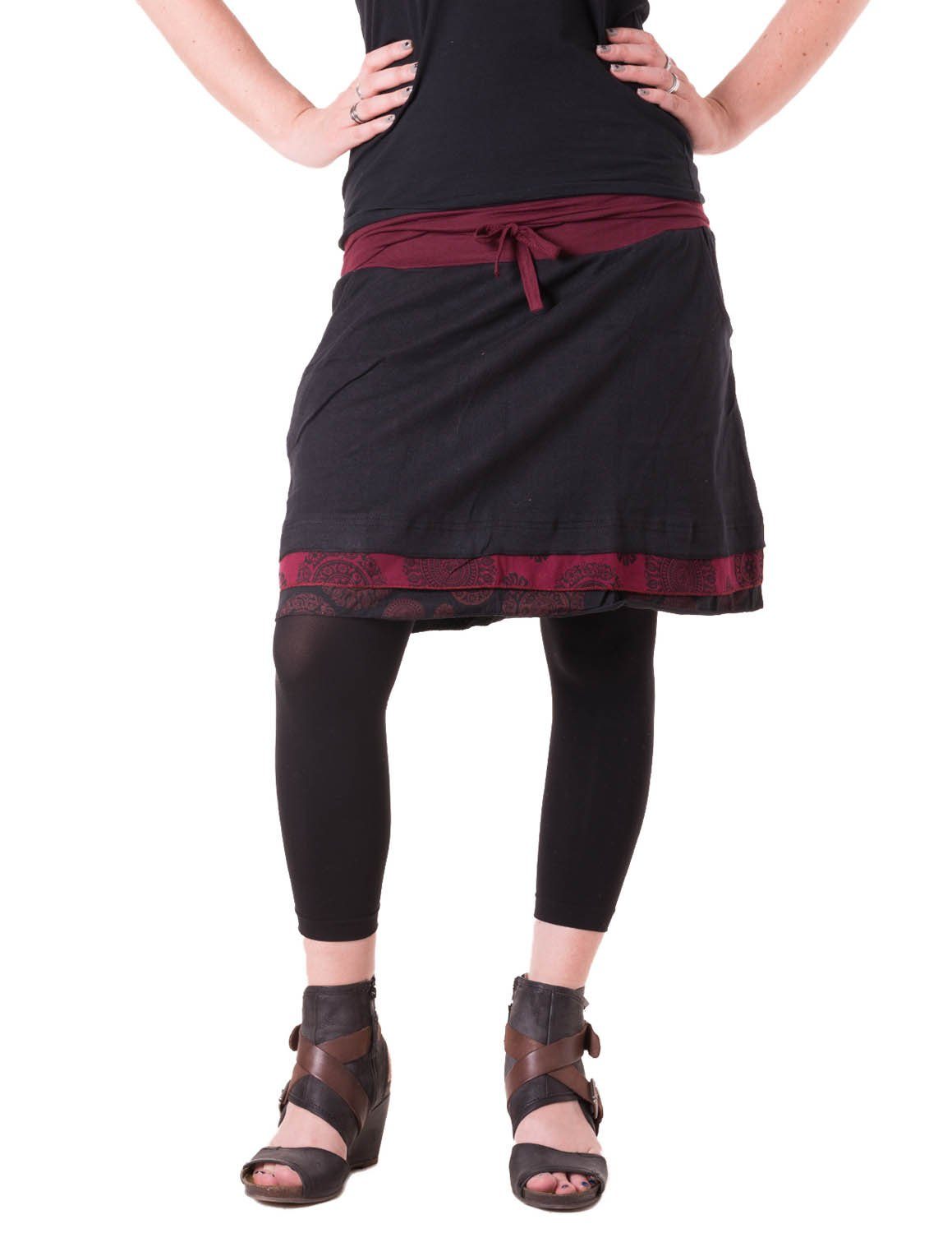 Rock Bedruckt Boho mit Lagenlook Vishes Taschen Cacheur, Hippie, Goa, Style zum Minirock Binden schwarz-rot