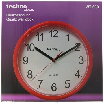 technoline Wanduhr WT 600 - klassische, analoge Wanduhr mit Kuststoffrahmen in rot von T