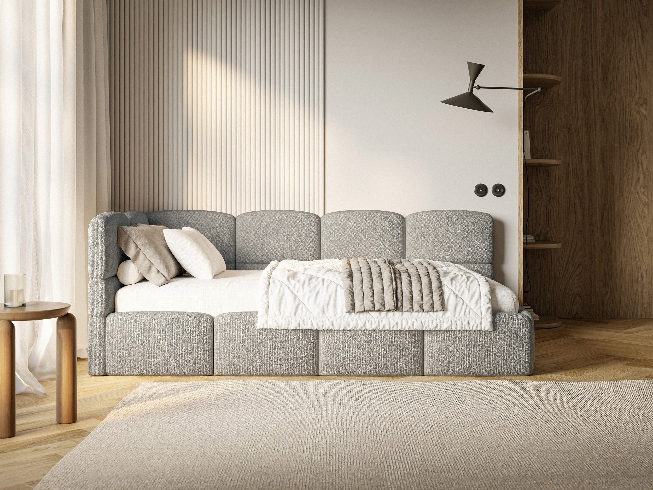 Selsey Einzelbett CLOUDY, Einzelbett 120x200, Eck-Kopfteil, Matratze & Bettkasten, Bouclé