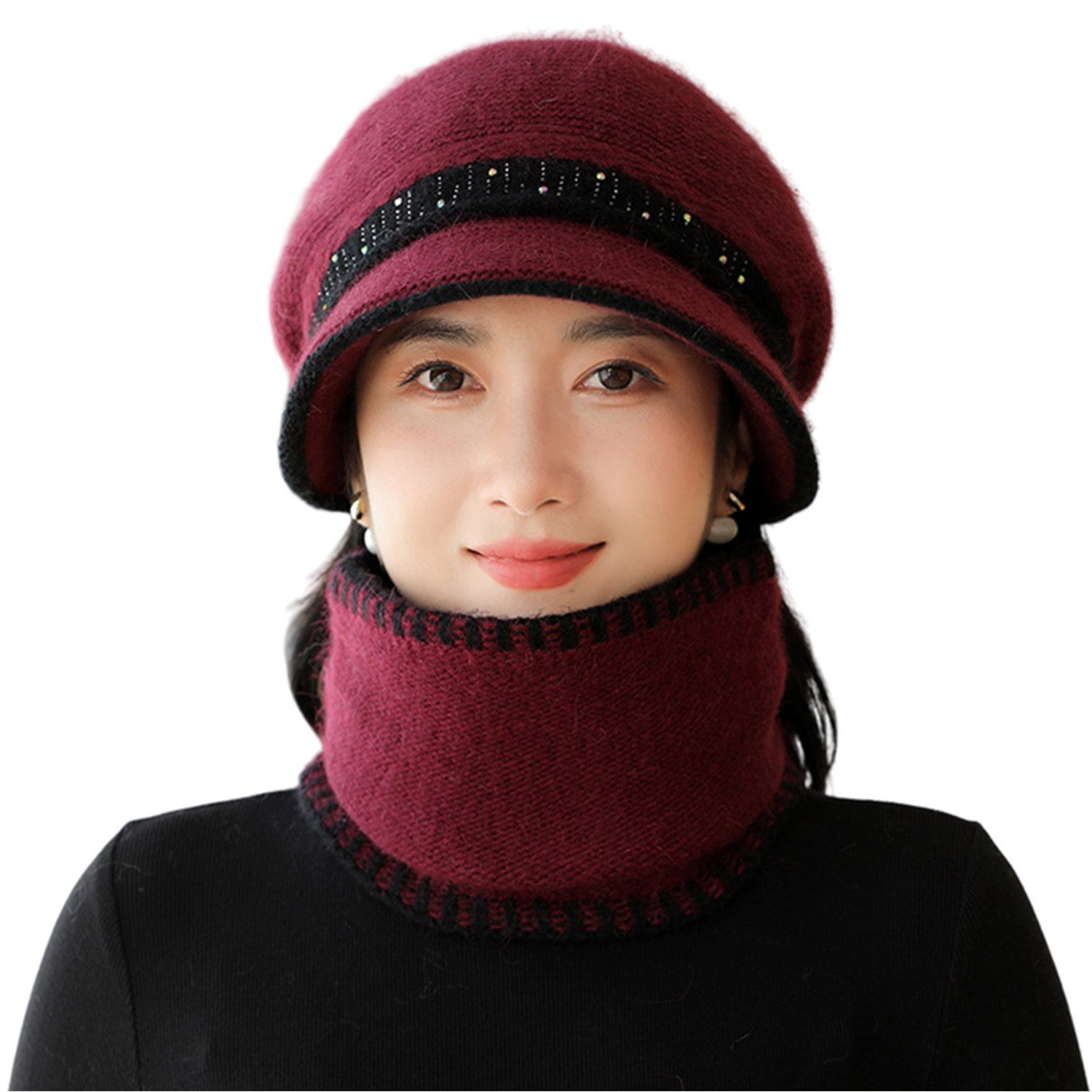 Refttenw Mütze & Schal Wintermütze mit Loop Schal Warme Strickmütze Kontras günstig online kaufen