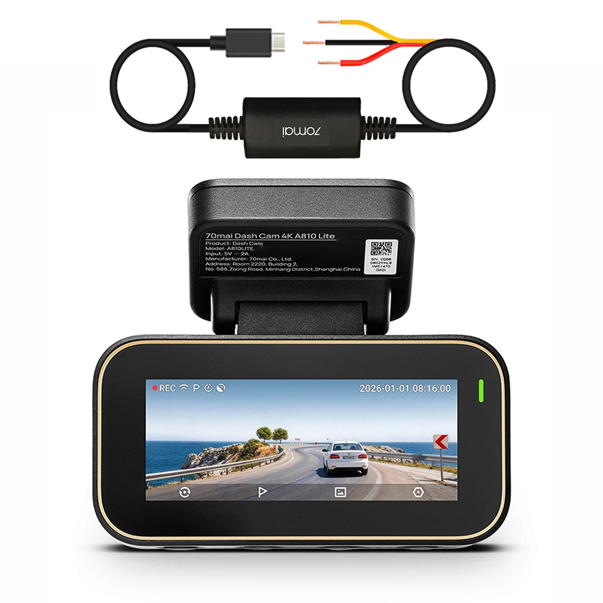70mai 4K A810 Lite Dashcam (4K Ultra HD, WLAN (Wi-Fi), Auto Kamera mit f/1.55 Blende, HDR, GPS, Superkondensator, Nachtsicht, Loop-Aufnahme)