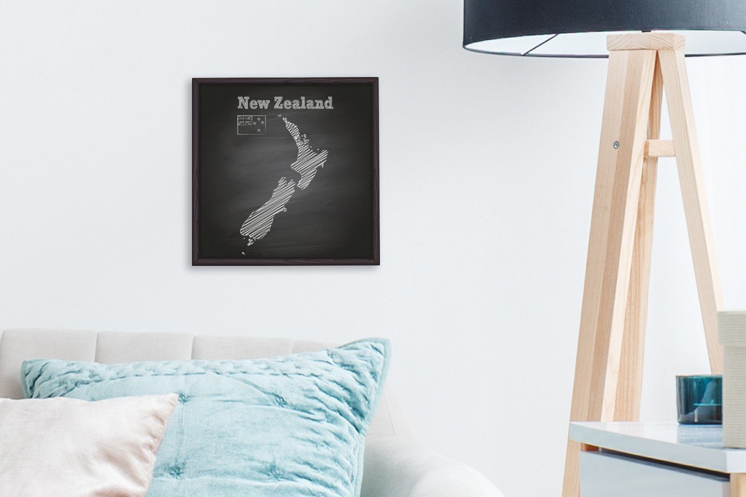 OneMillionCanvasses® Leinwandbild Eine St), von Bilder einer Schlafzimmer Leinwand (1 Wohnzimmer Kreidekarte für Neuseeland, schwarzen Illustration