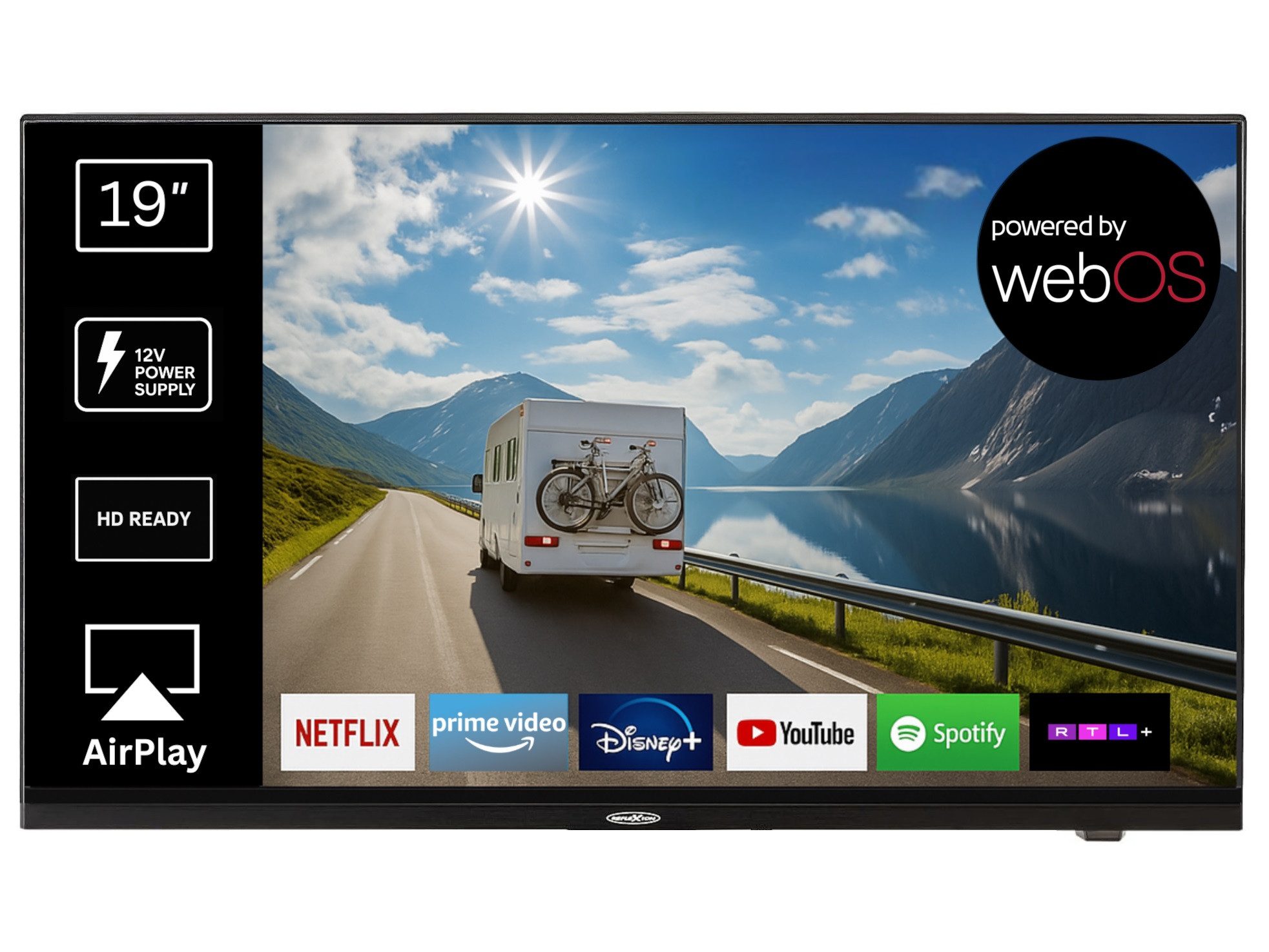Reflexion LDDX19IBT BLACK LED-Fernseher (47 cm, HD-ready, Smart-TV, DC IN 12 Volt / 24 Volt, Netzteil 230 Volt integrierter DVD-Player)