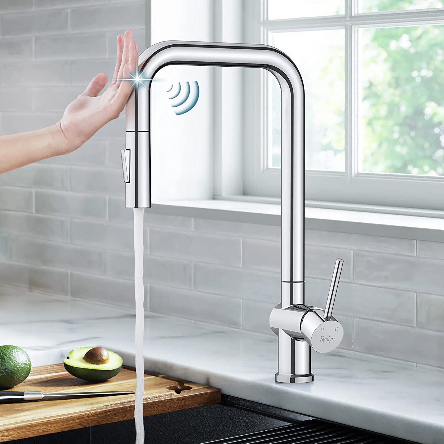 Synlyn Küchenarmatur BC312 (Touch Sensor Wasserhahn, Ausziehbar  Spültischarmatur mit Brause) für Küchenspüle 360° Schwenkbar Mischbatterie  mit Dual-Spülbrause