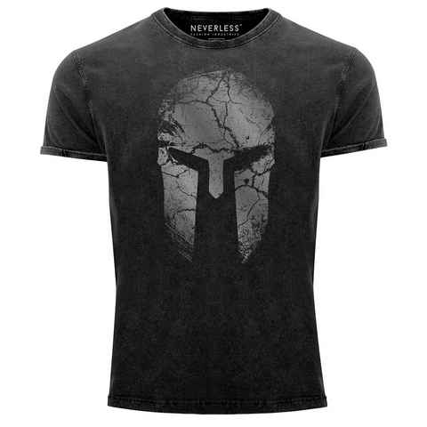 Neverless Print-Shirt Herren Vintage Shirt Aufdruck Sparta Helm Spartan Warrior Printshirt T-Shirt Used Look Slim Fit Neverless® mit Print